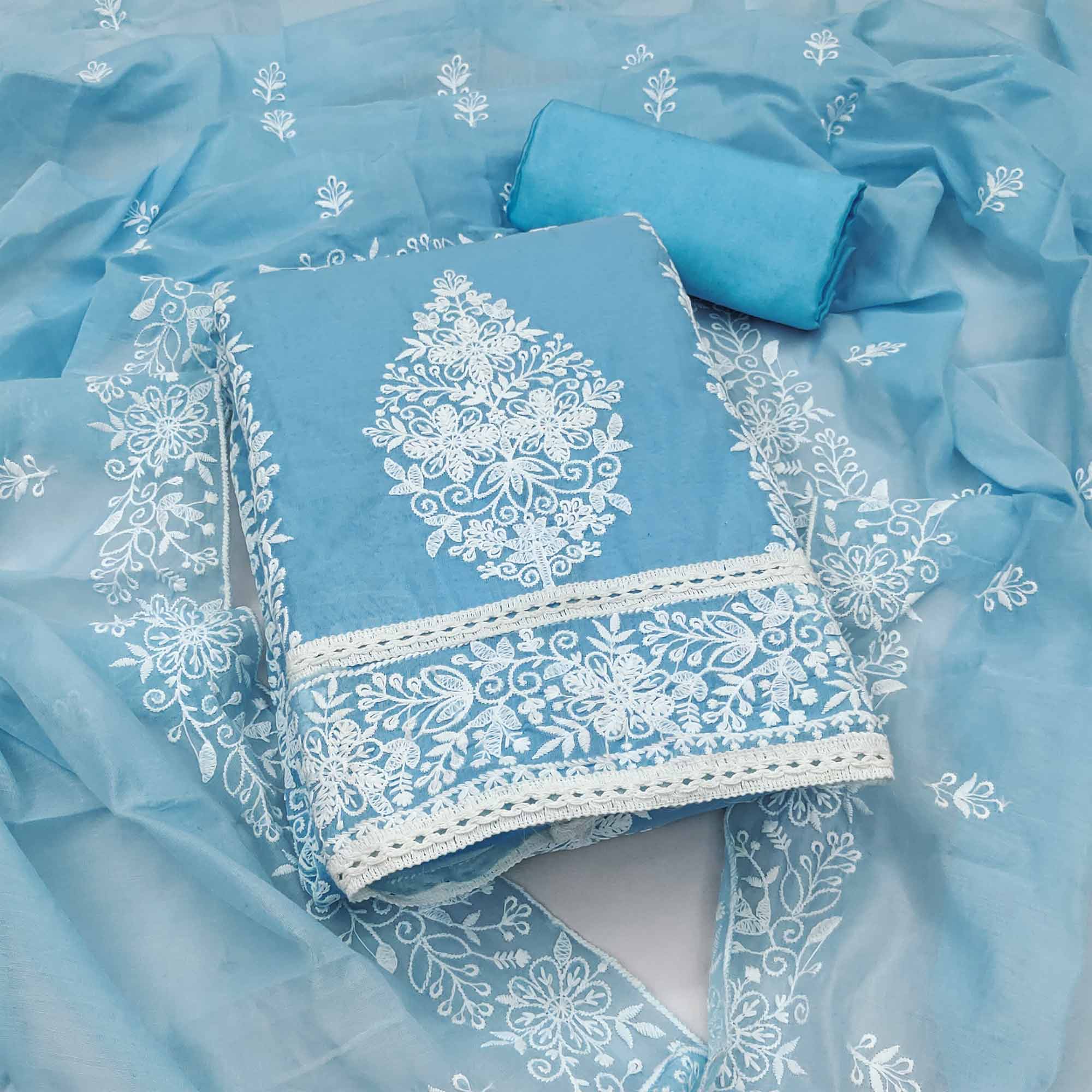 Sky Blue Chanderi Cotton Dress Material With Graceful Floral Thread Embroidery