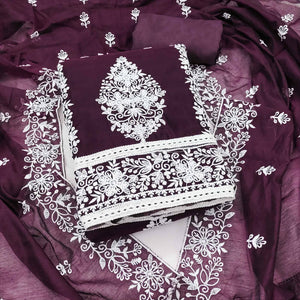 Wine Chanderi Cotton Dress Material With Graceful Floral Thread Embroidery