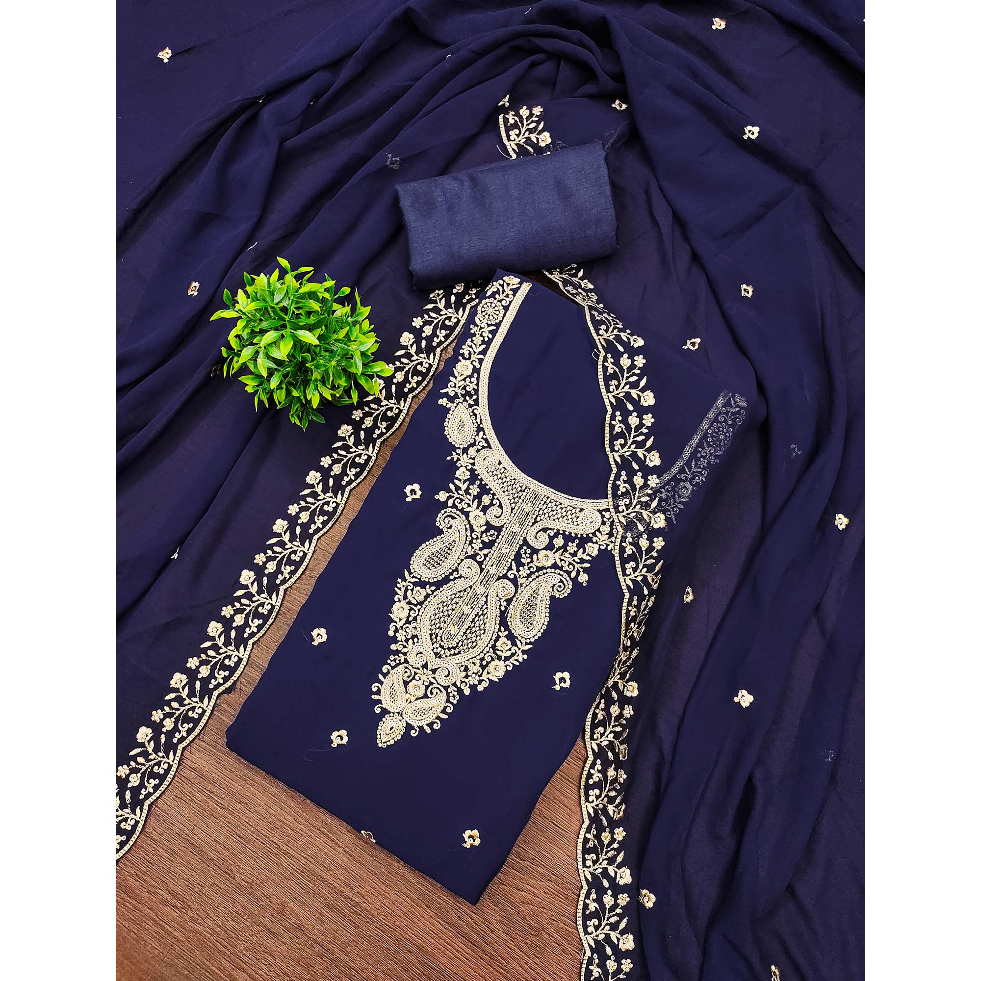 Navy Blue Georgette Dress Material Accentuated With Delicate Floral Embroidery & Sequins Work