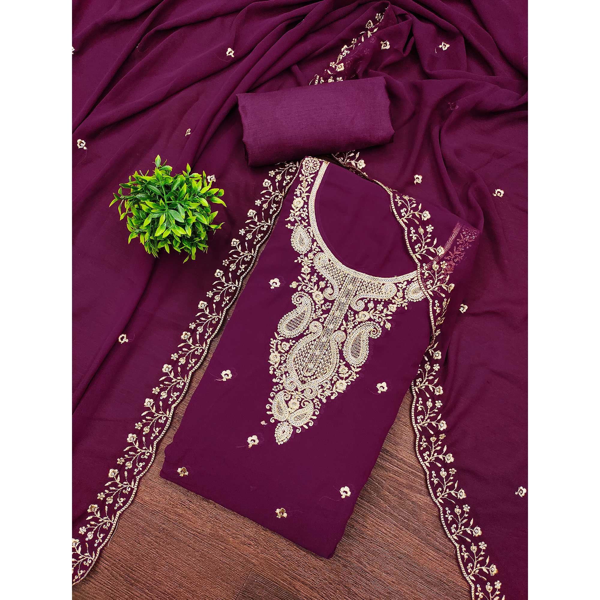 Wine Georgette Dress Material Accentuated With Delicate Floral Embroidery & Sequins Work
