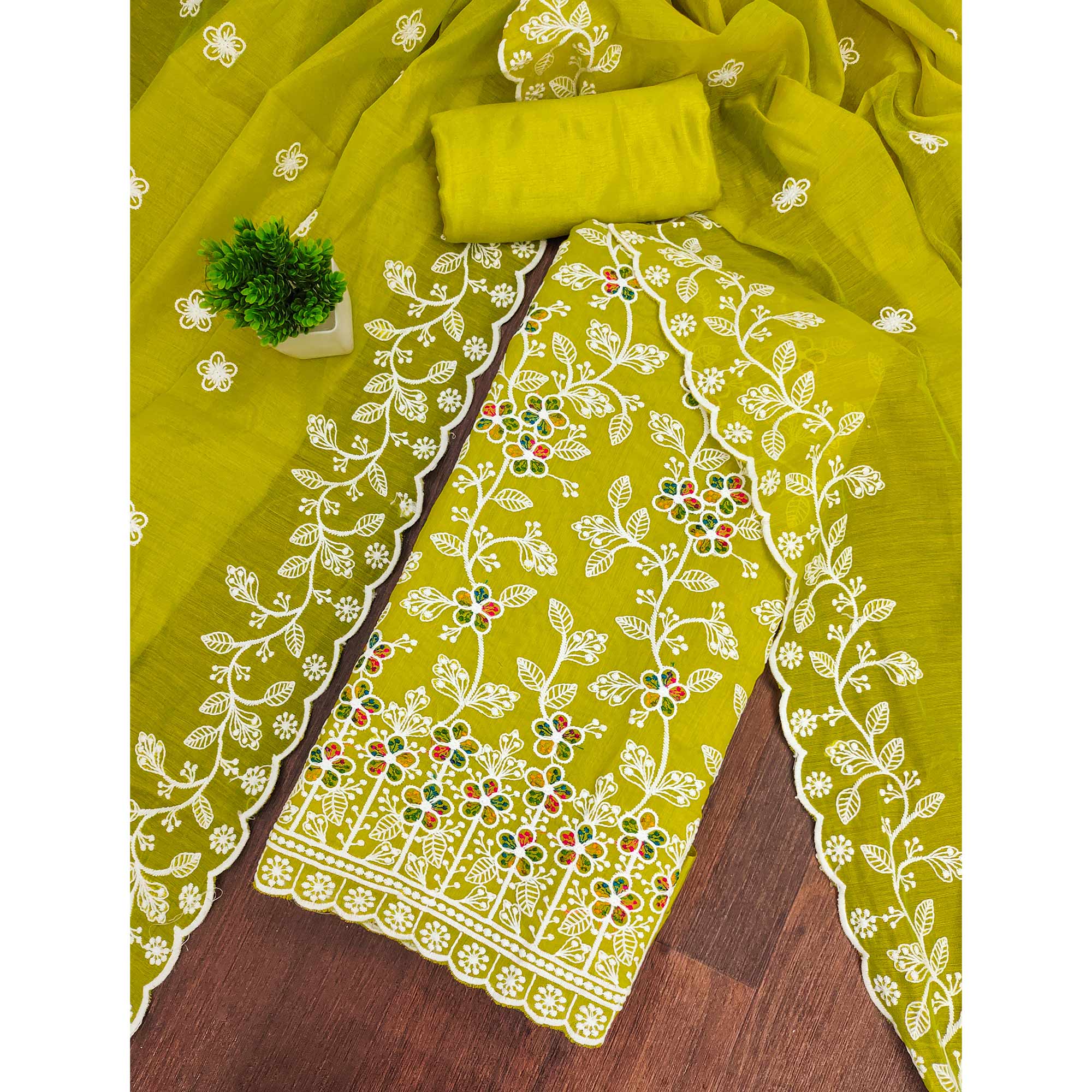 Parrot Green Chanderi Cotton Dress Material Adorned With Elegant Floral Thread Embroidery Work