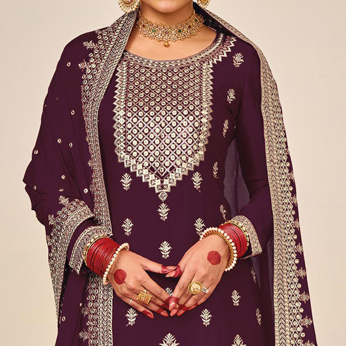 Wine Floral Embroidered Georgette Semi Stitched Dress Material