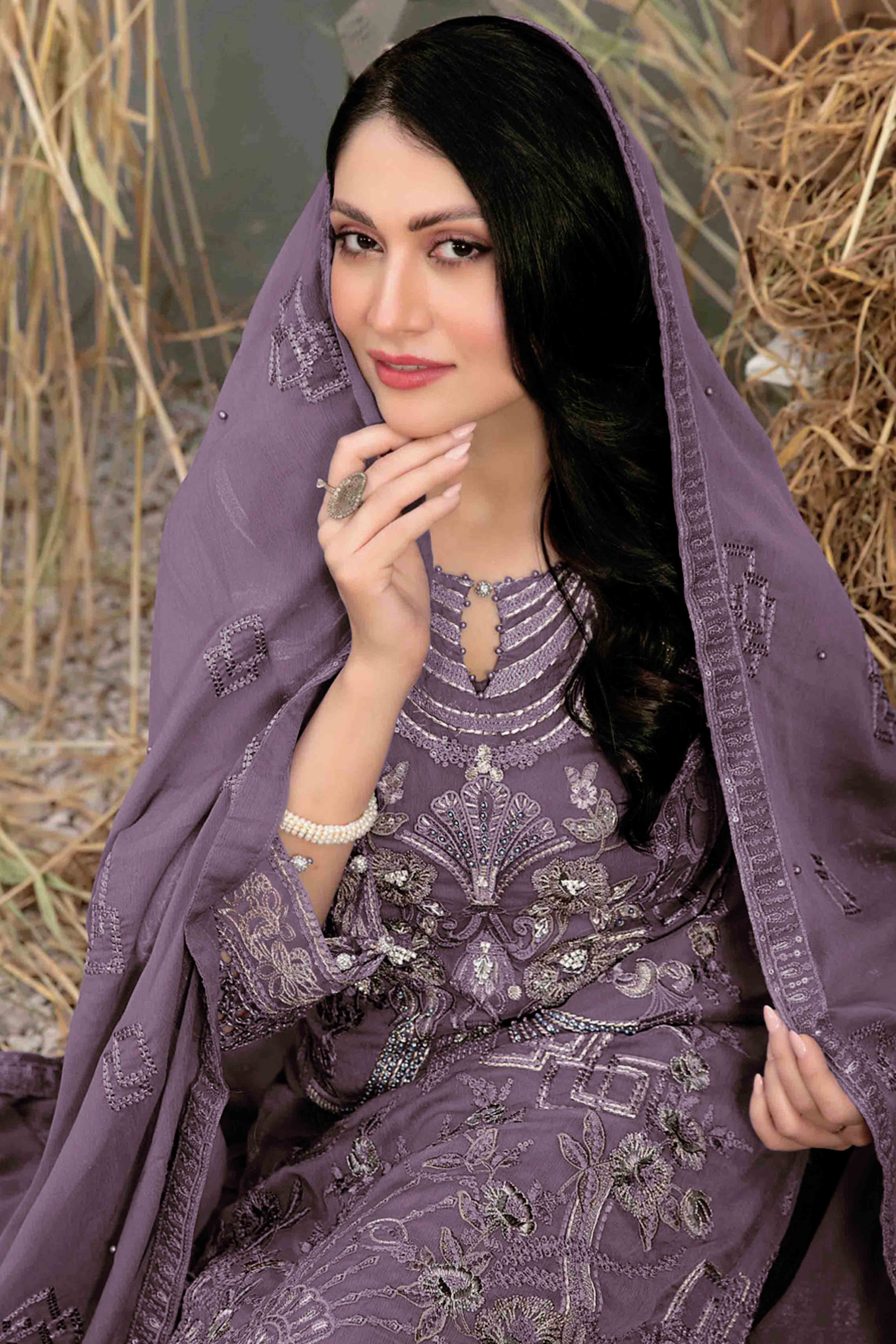 Dusty Purple Floral Embroidered Heavy Georgette Dress Material