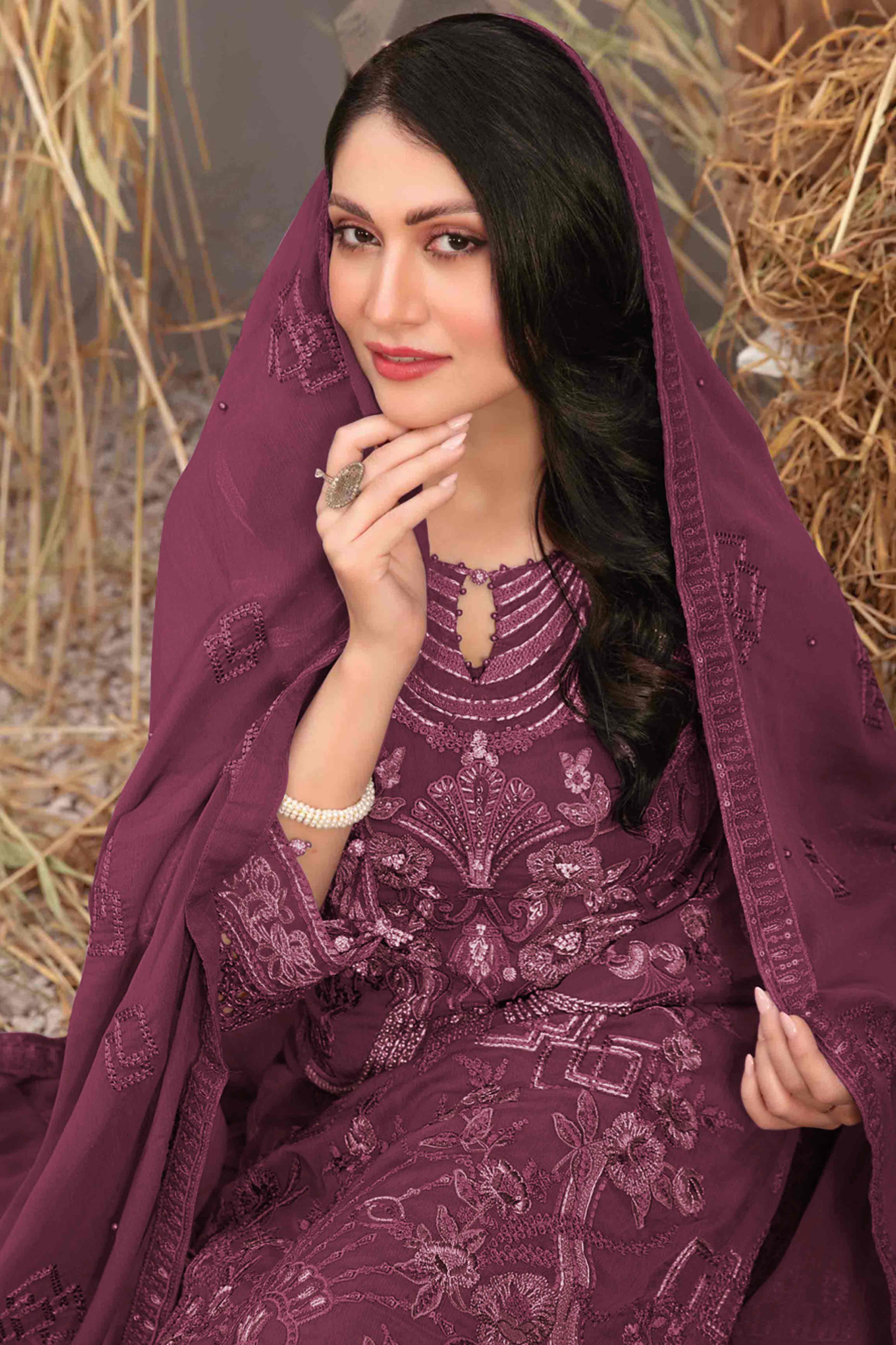 Wine Floral Embroidered Heavy Georgette Dress Material
