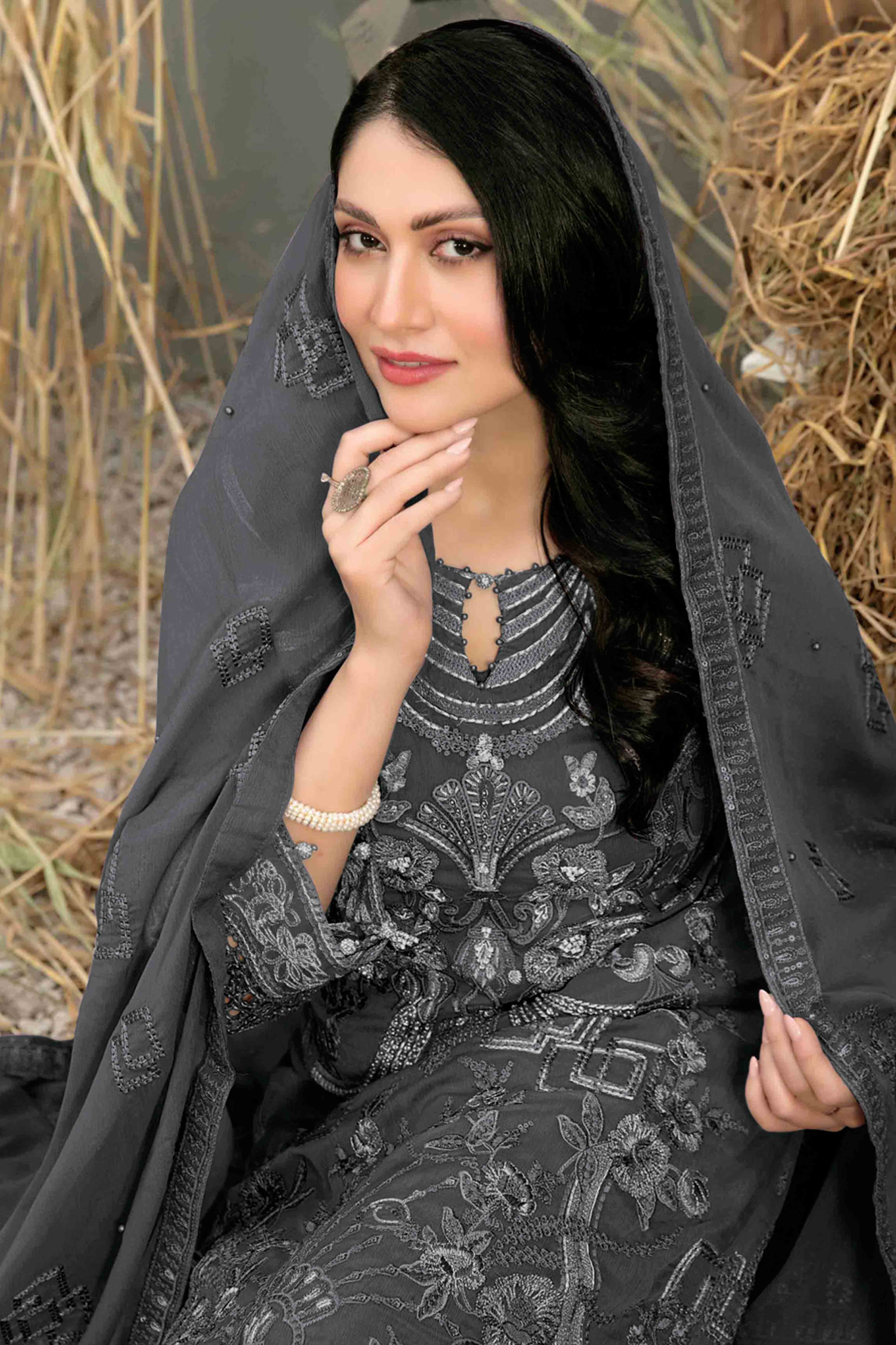 Dark Grey Floral Embroidered Heavy Georgette Dress Material