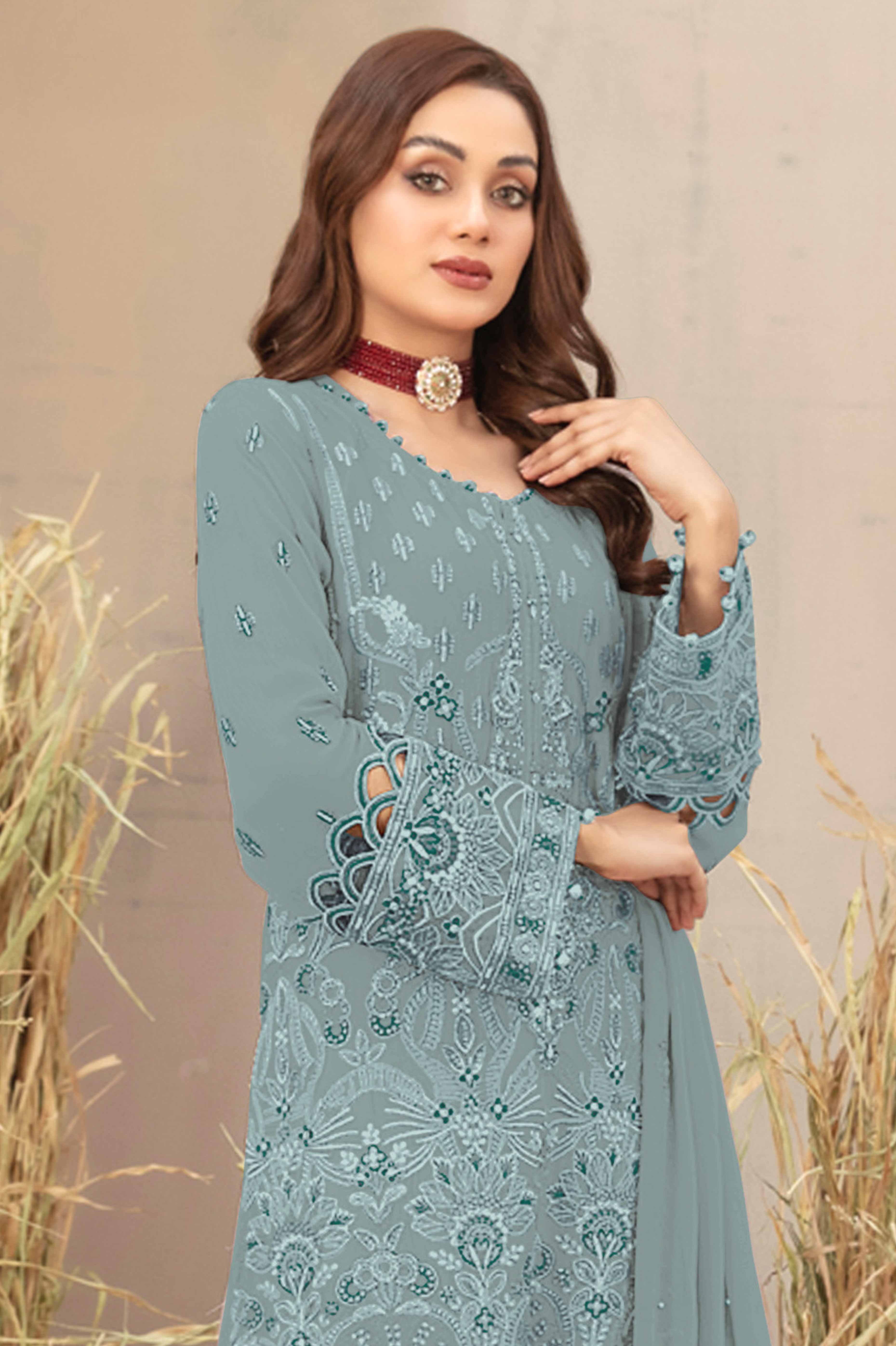 Sky Blue Floral Embroidered Heavy Georgette Dress Material