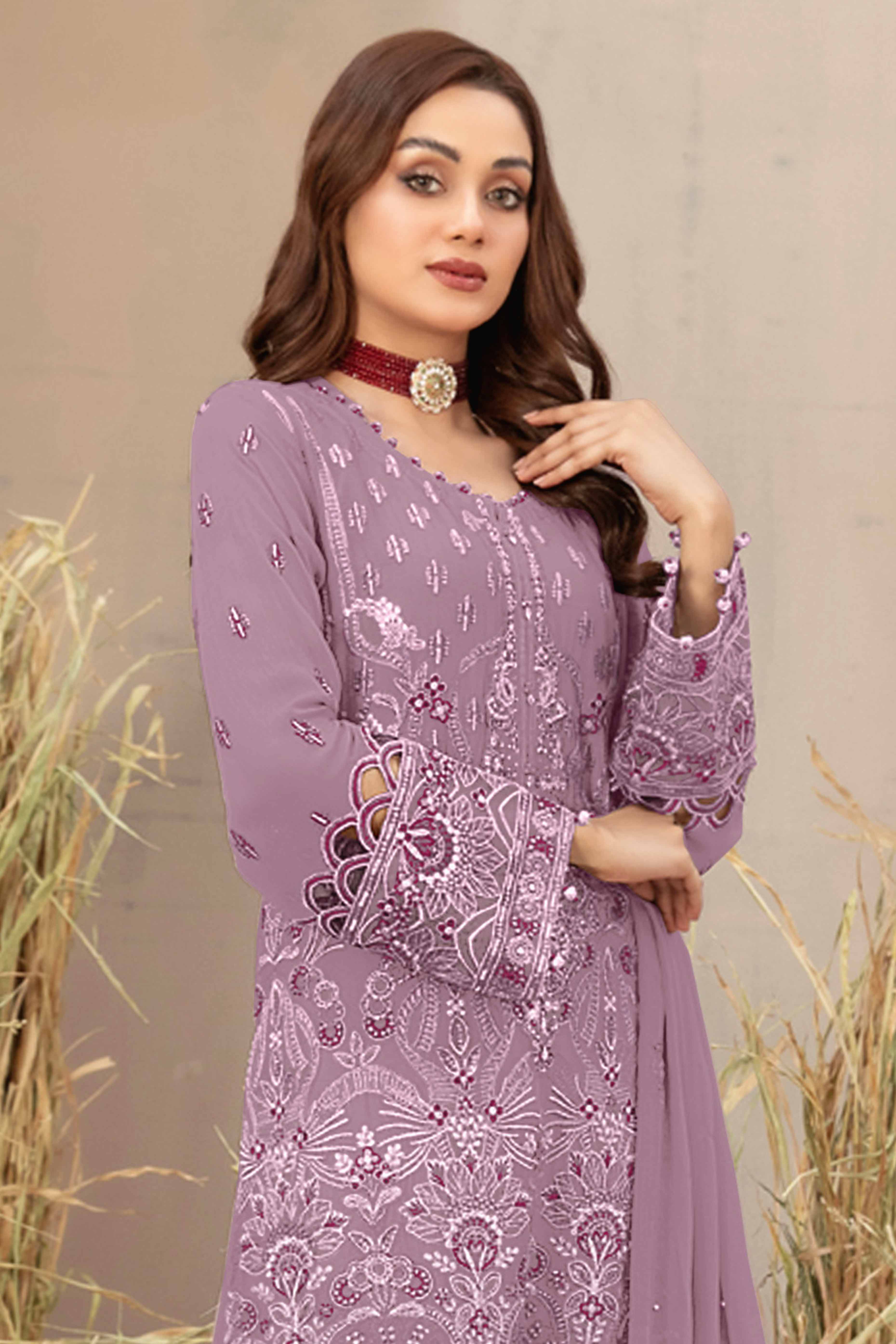 Purple Floral Embroidered Heavy Georgette Dress Material