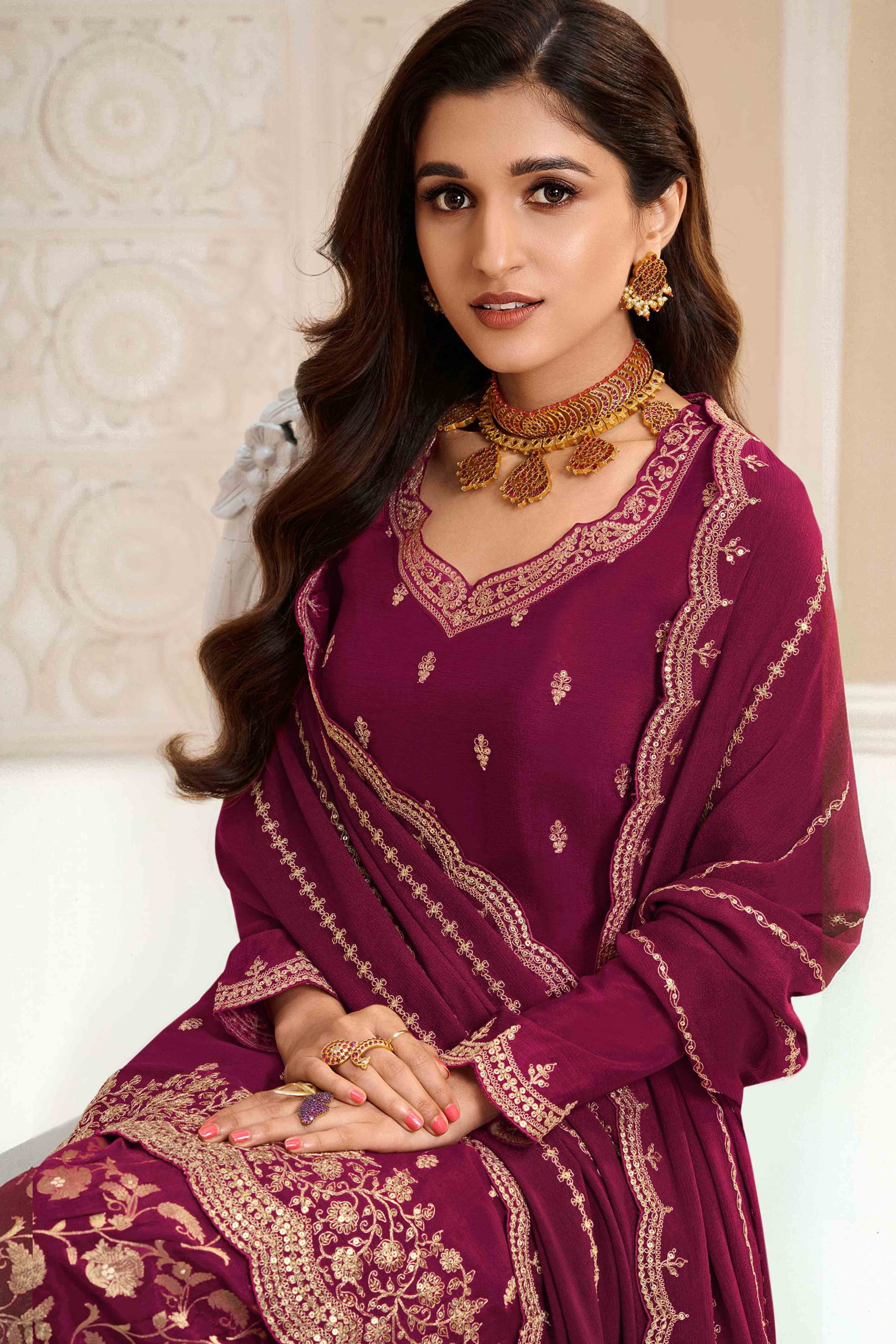 Dark Magenta Floral Sequins Embroidered Chinon Palazzo Suit