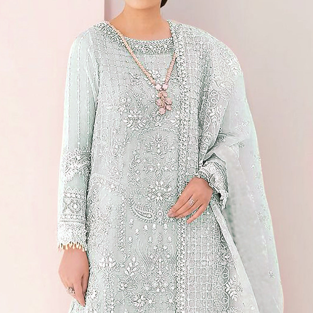 Sky Blue Sequins Embroidered Georgette Sharara Suit
