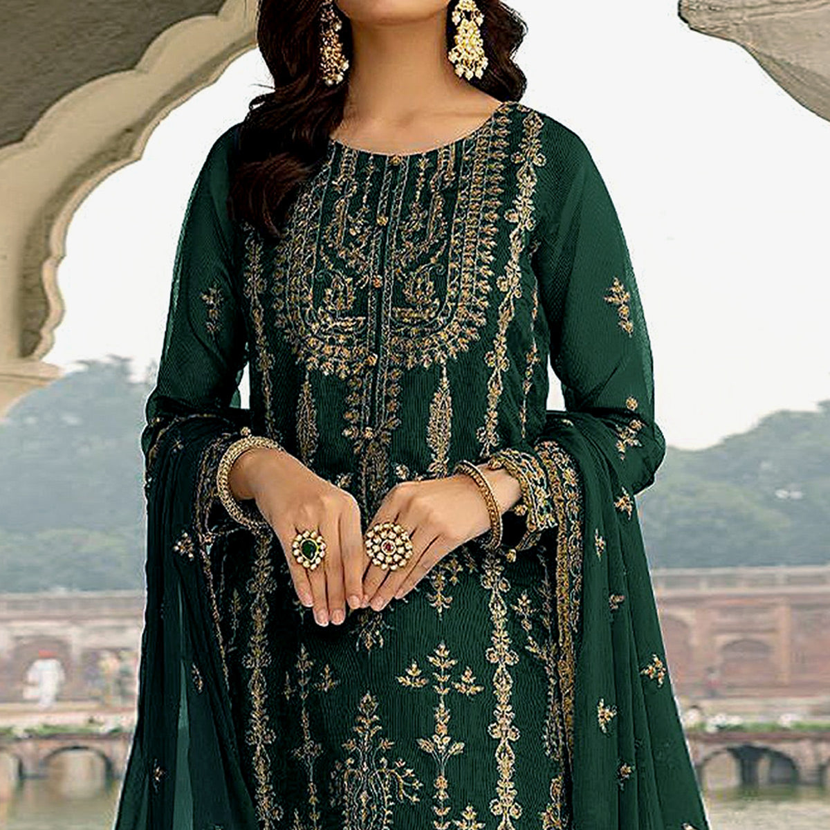 Green Floral Sequins Embroidered Georgette Semi Stitched Suit