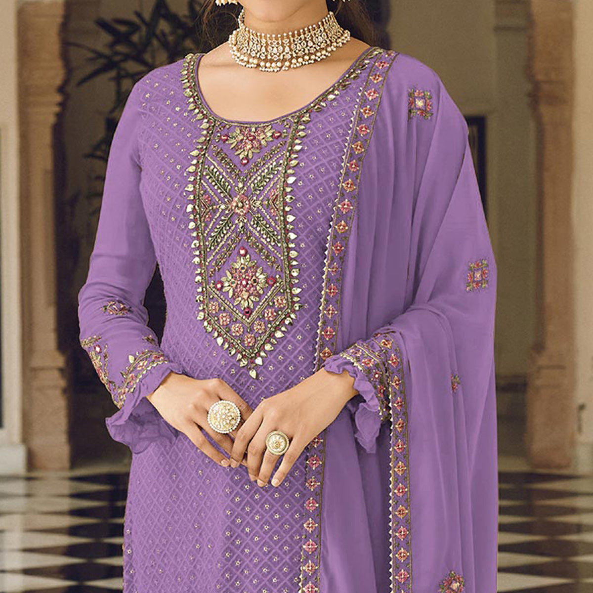 Purple Sequins Embroidered Georgette Semi Stitched Salwar Suit
