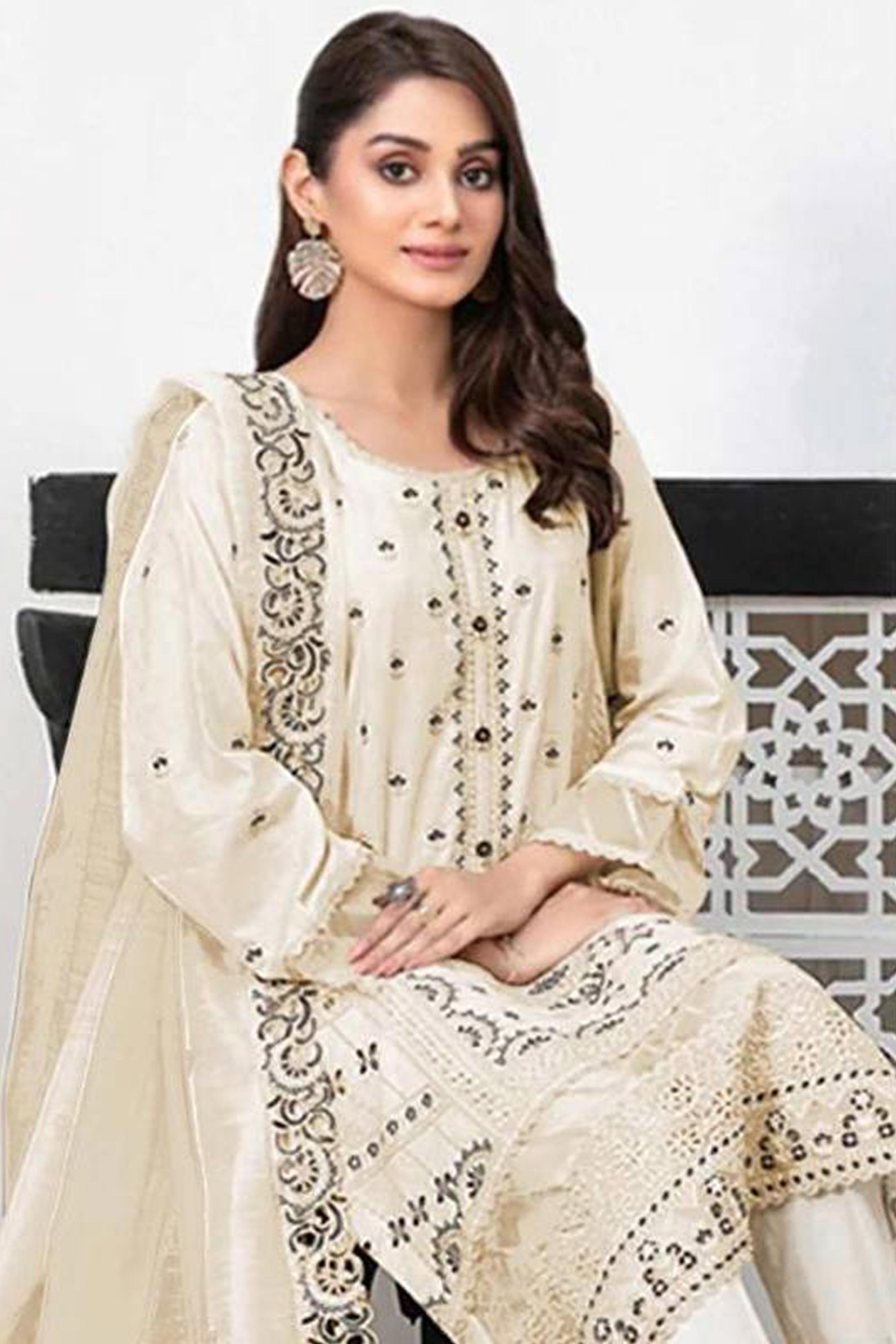 Cream Heavy Embroidered Work Georgette Dress Material