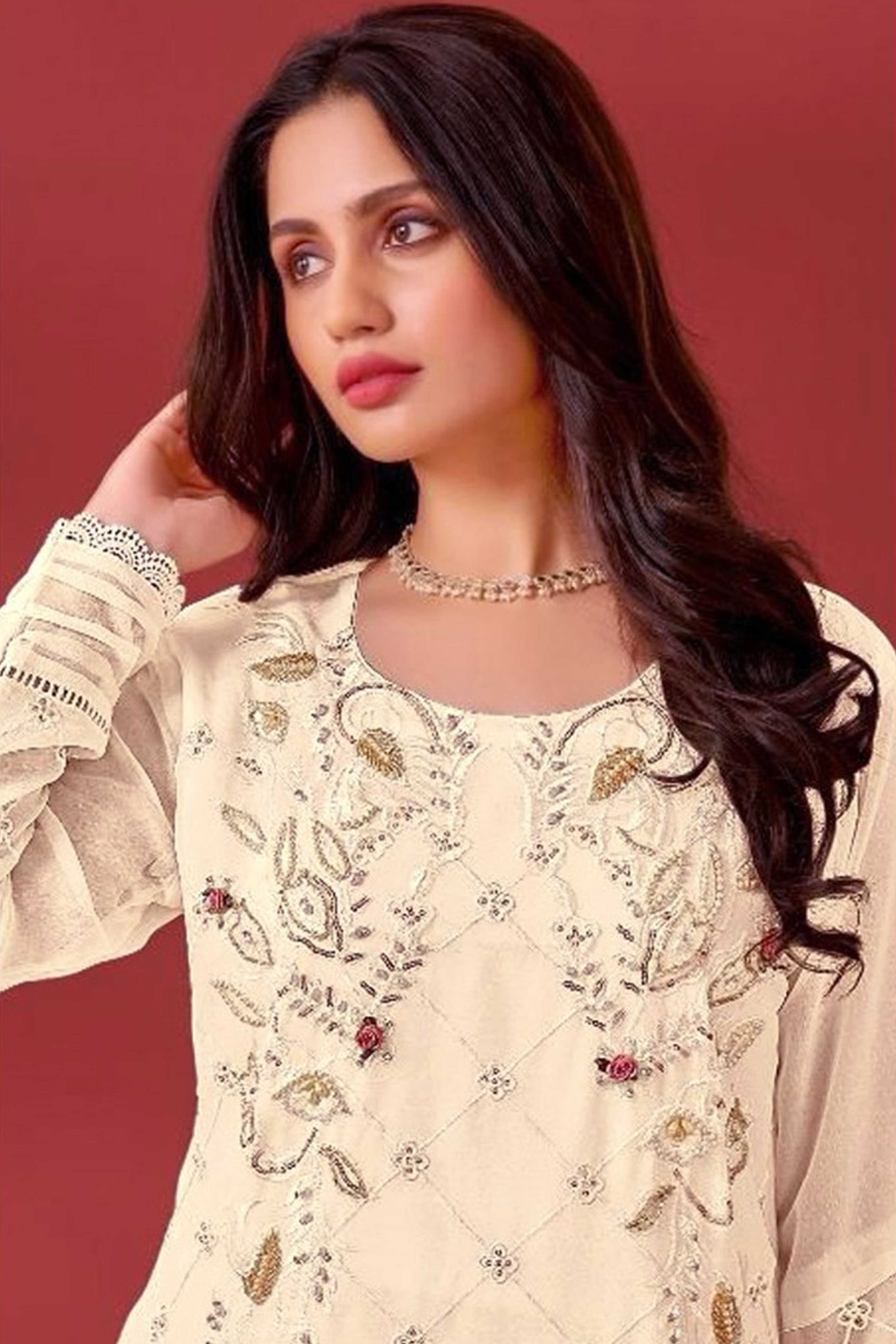 Cream Heavy Embroidered Work Georgette Dress Material