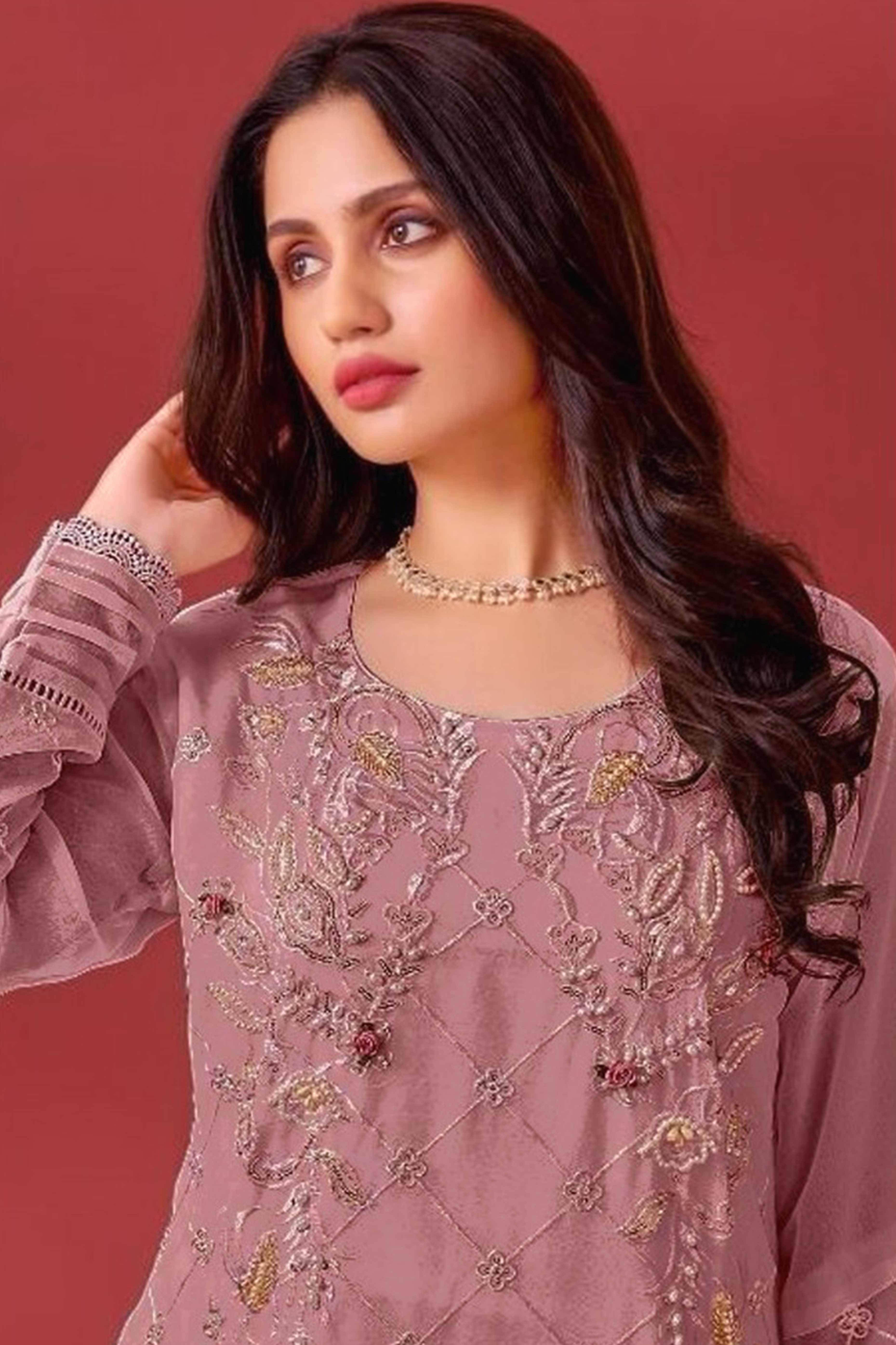 Mauve Heavy Embroidered Work Georgette Dress Material