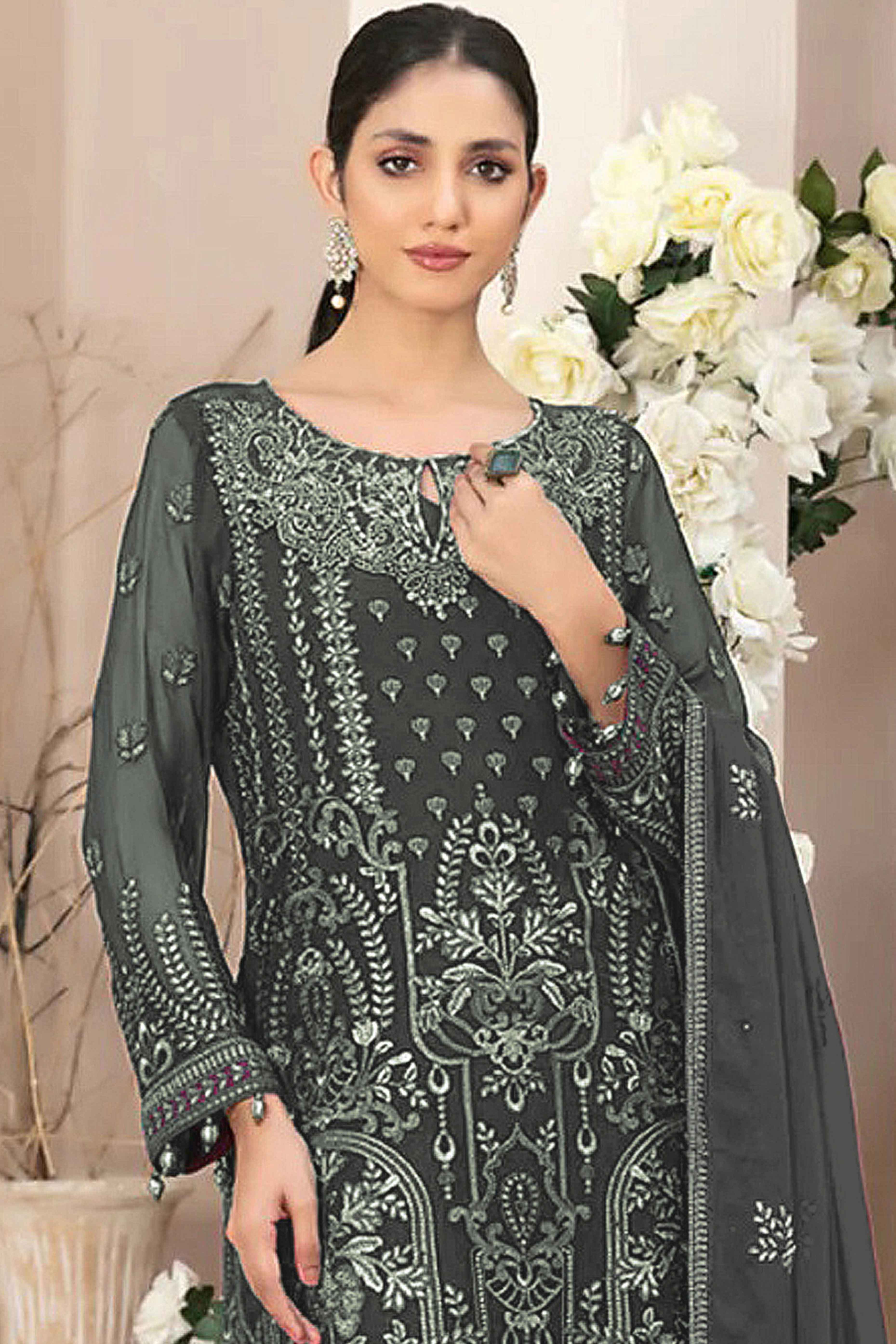 Charcoal Grey Floral Embroidered Georgette Dress Material