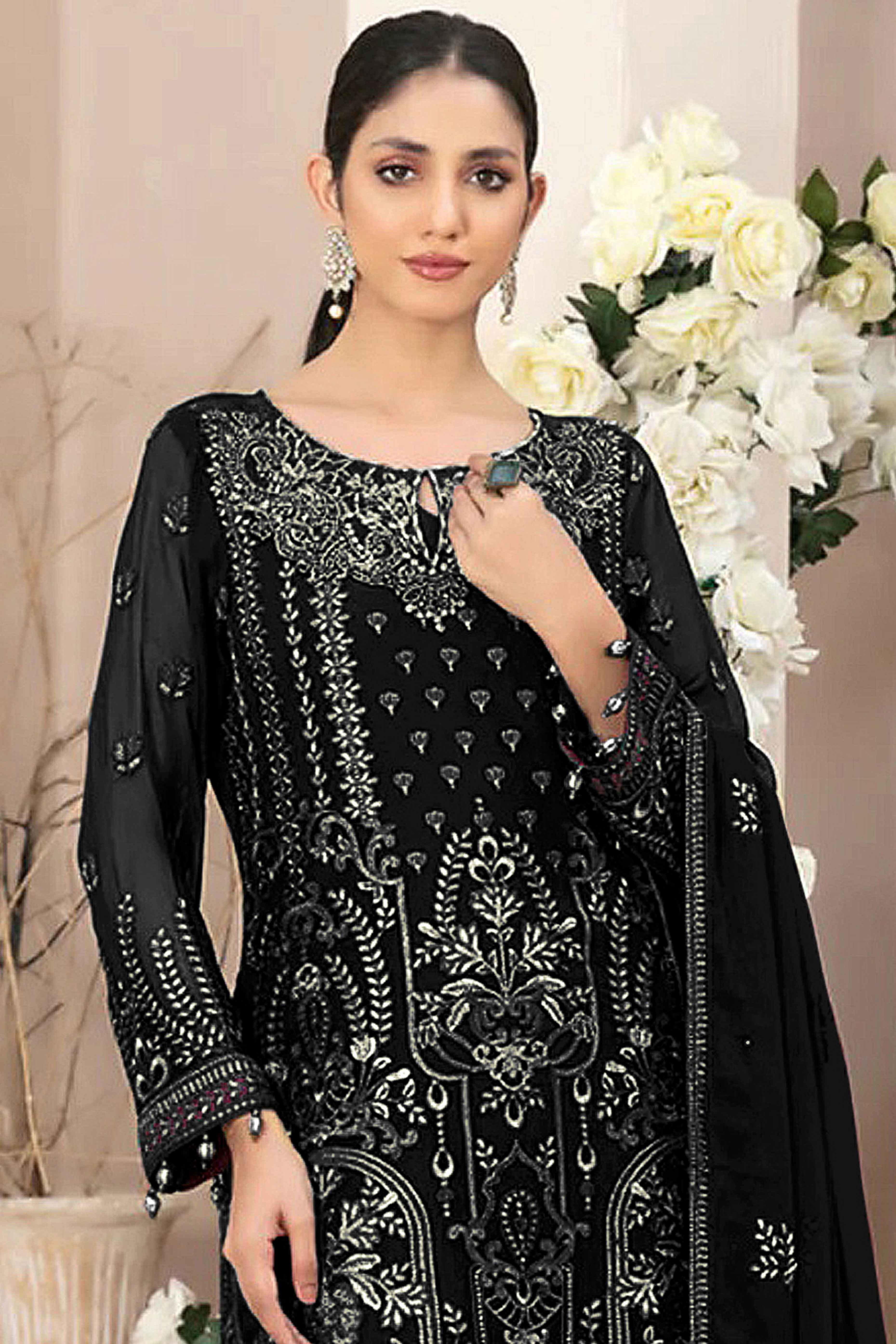 Black Floral Embroidered Georgette Dress Material