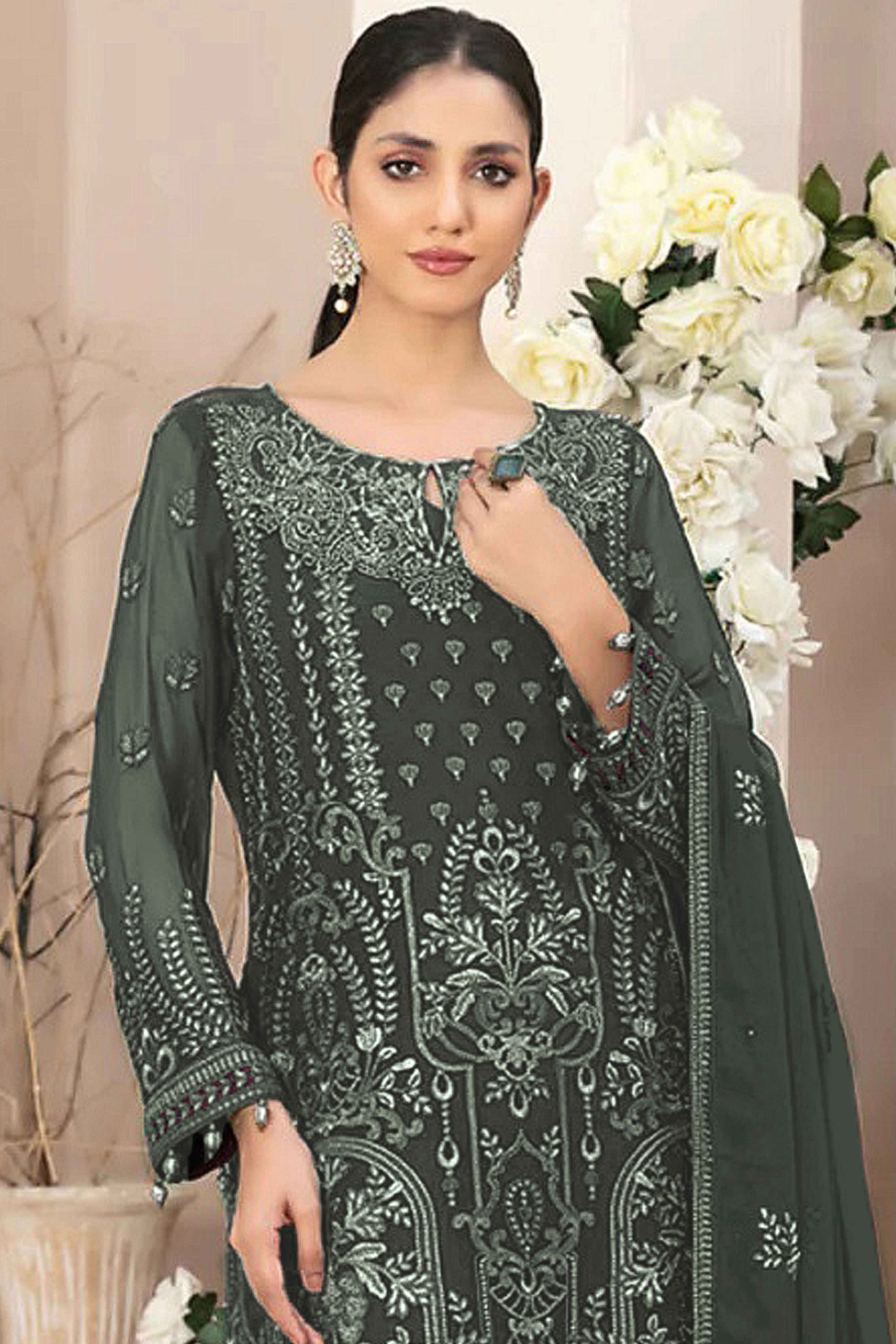 Grey Floral Embroidered Georgette Dress Material