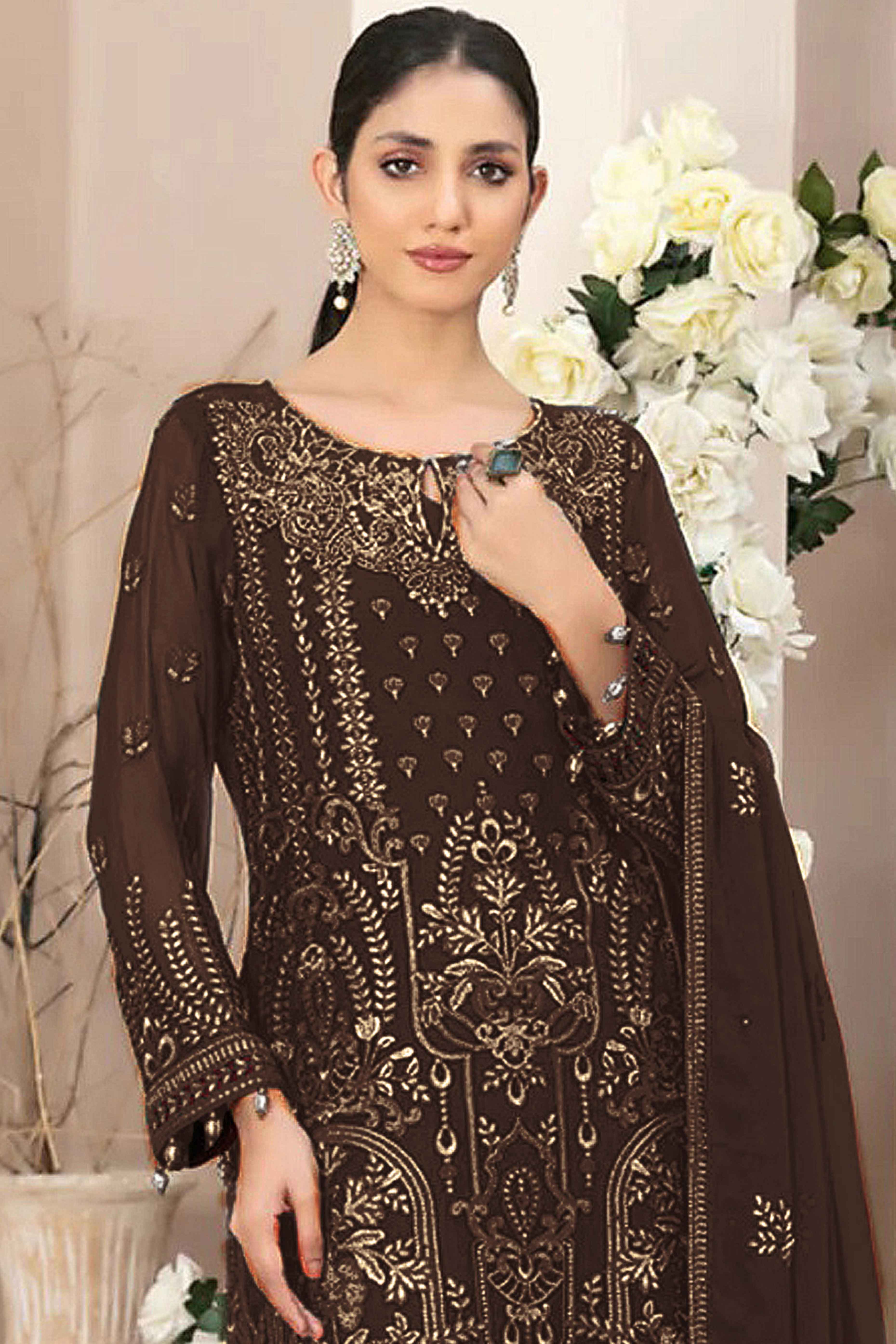 Dark Brown Floral Embroidered Georgette Dress Material