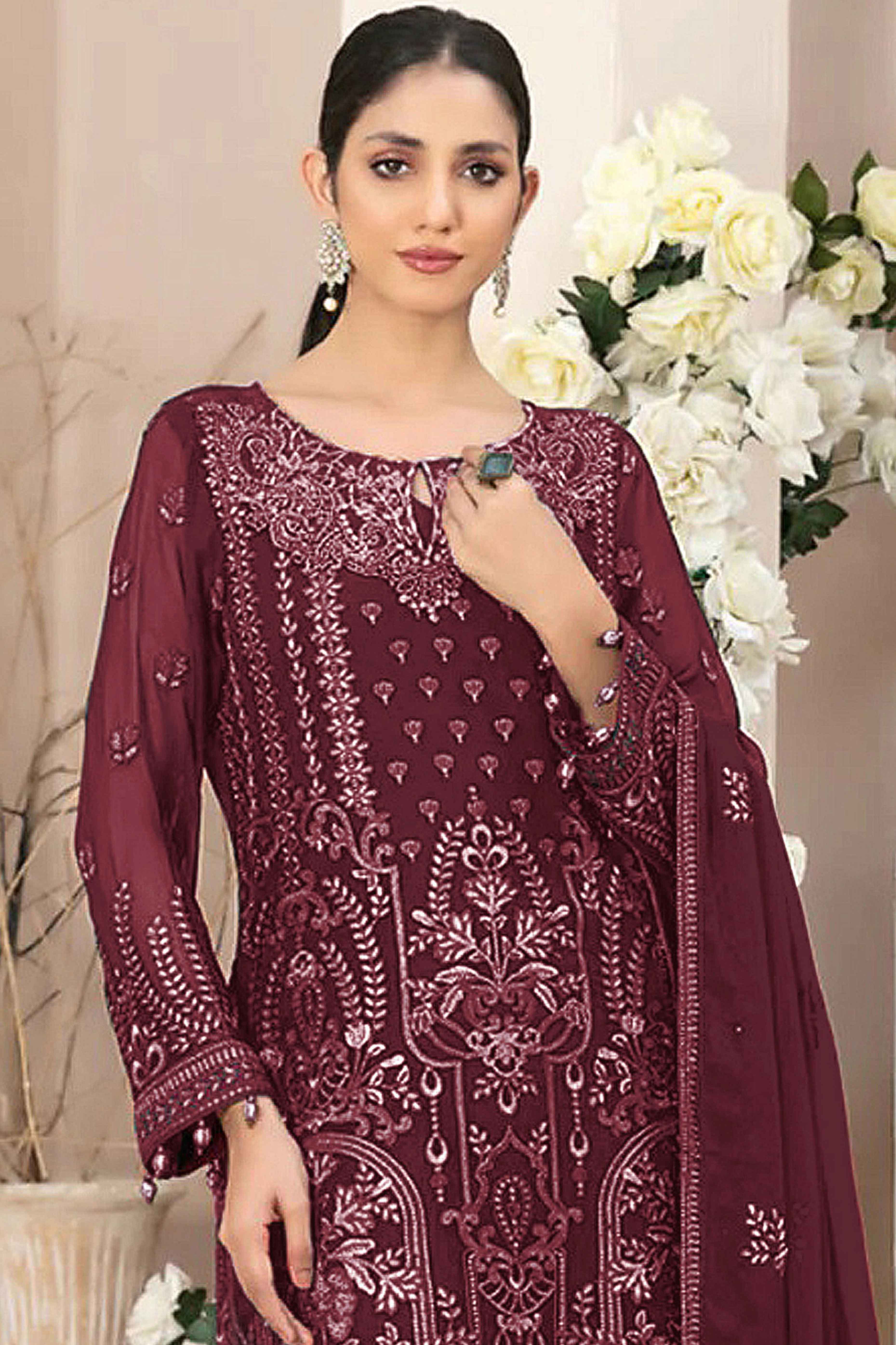 Maroon Floral Embroidered Georgette Dress Material