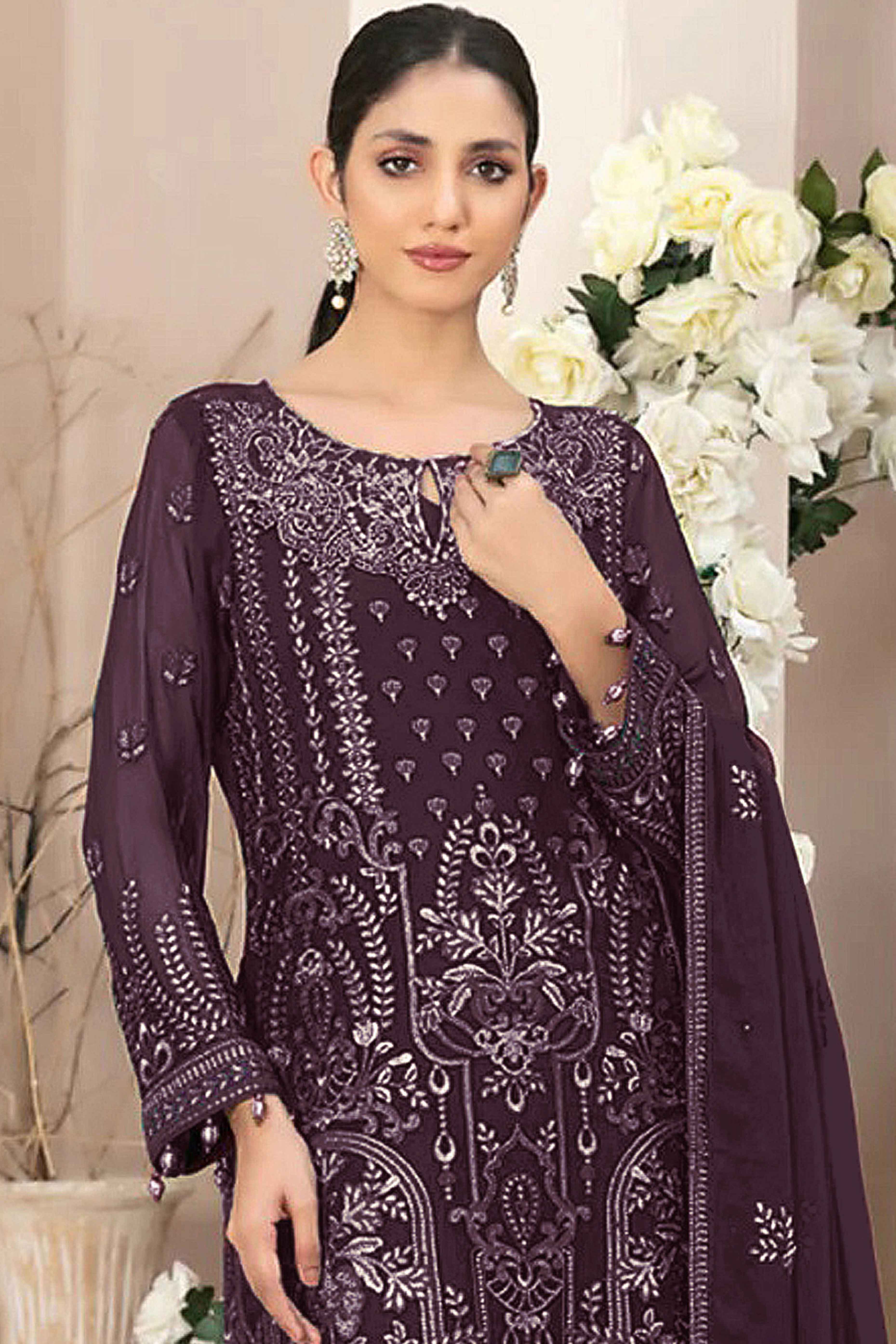 Burgundy Floral Embroidered Georgette Dress Material