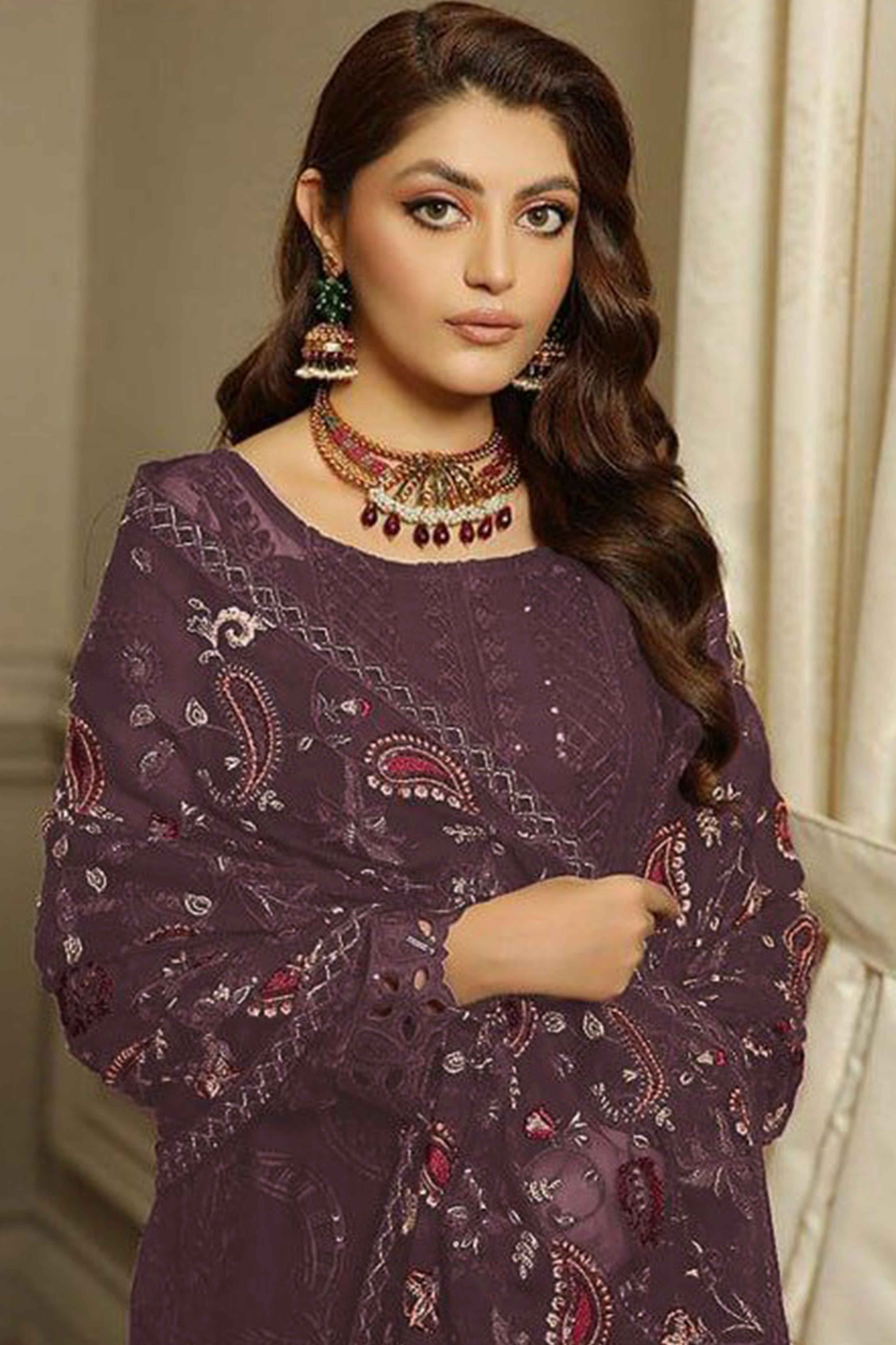Purple Taupe Heavy Embroidered Work Georgette Dress Material