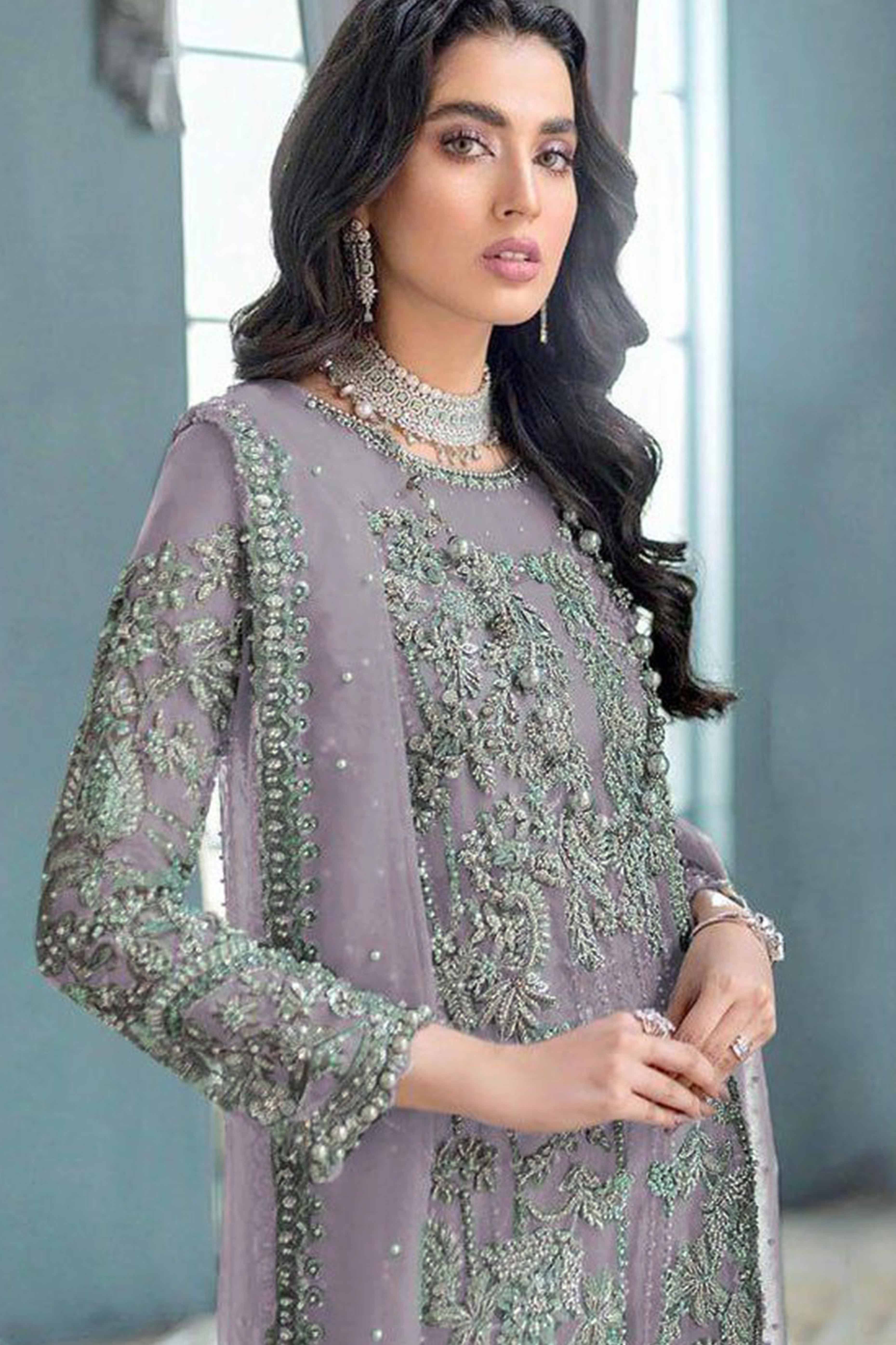 Lavender Sequins Embroidered Work Net Dress Material