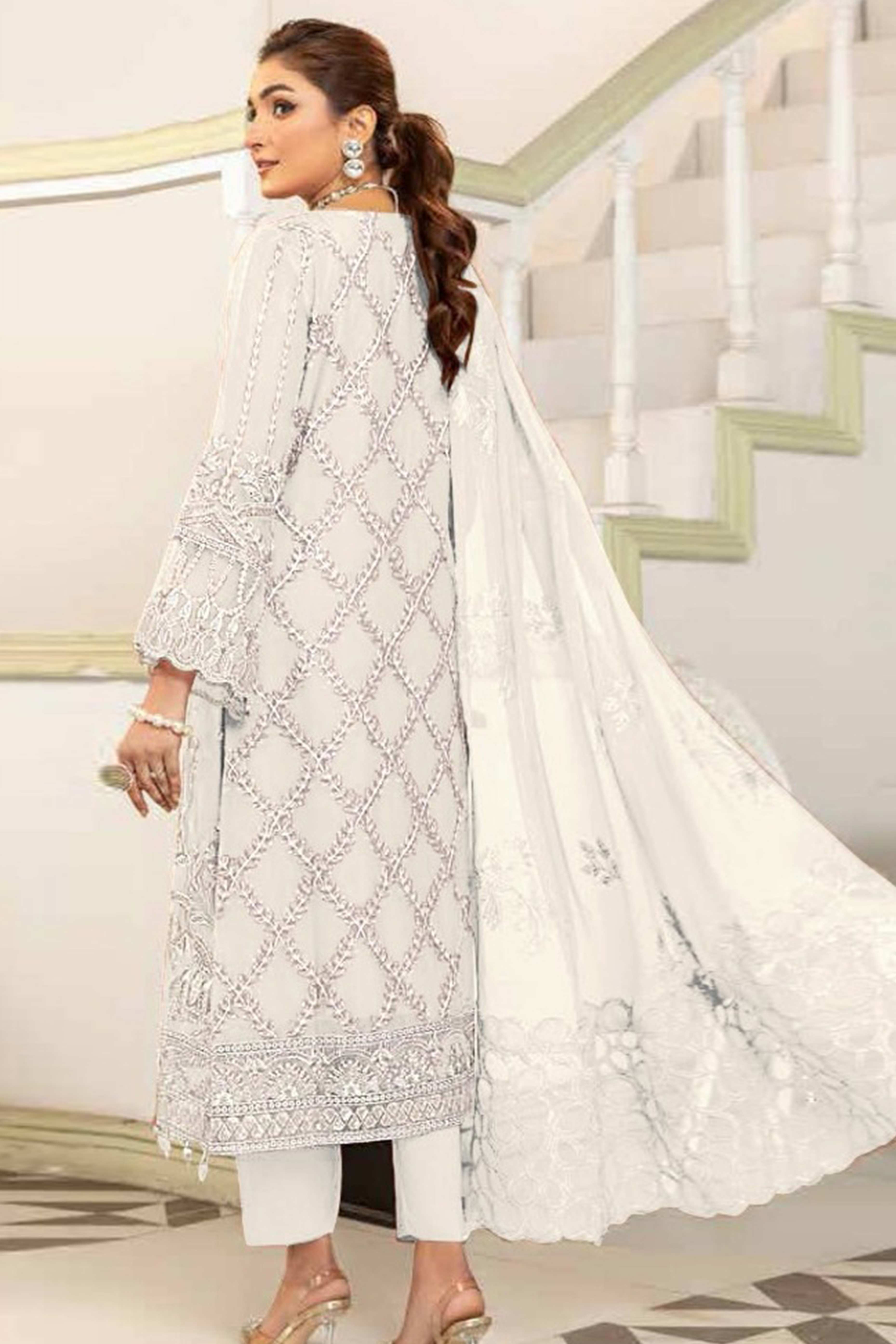 White Floral Design Dress Material Crafted from Lightweight Georgette Fabric