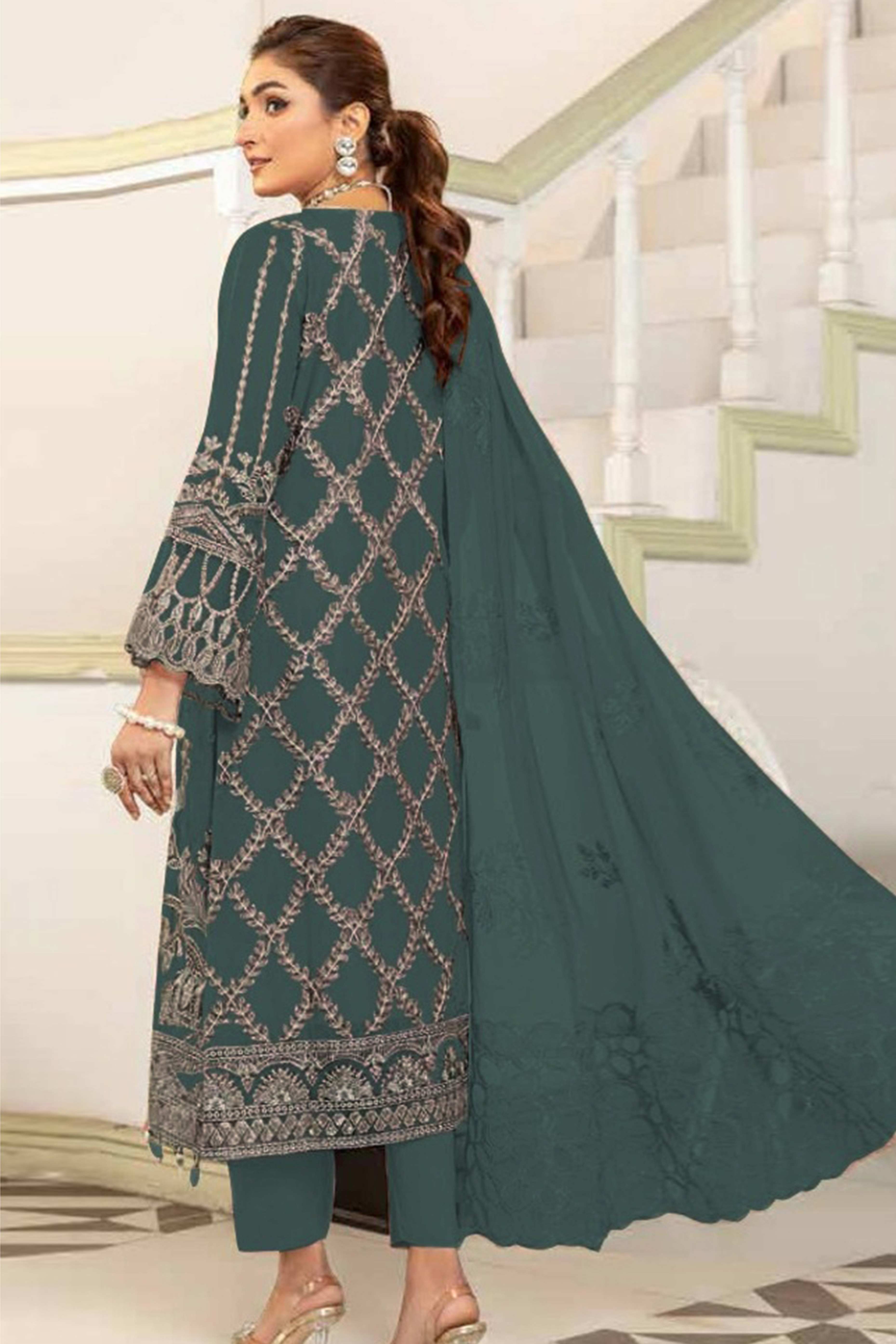 Emerald Green Floral Design Dress Material Crafted from Lightweight Georgette Fabric