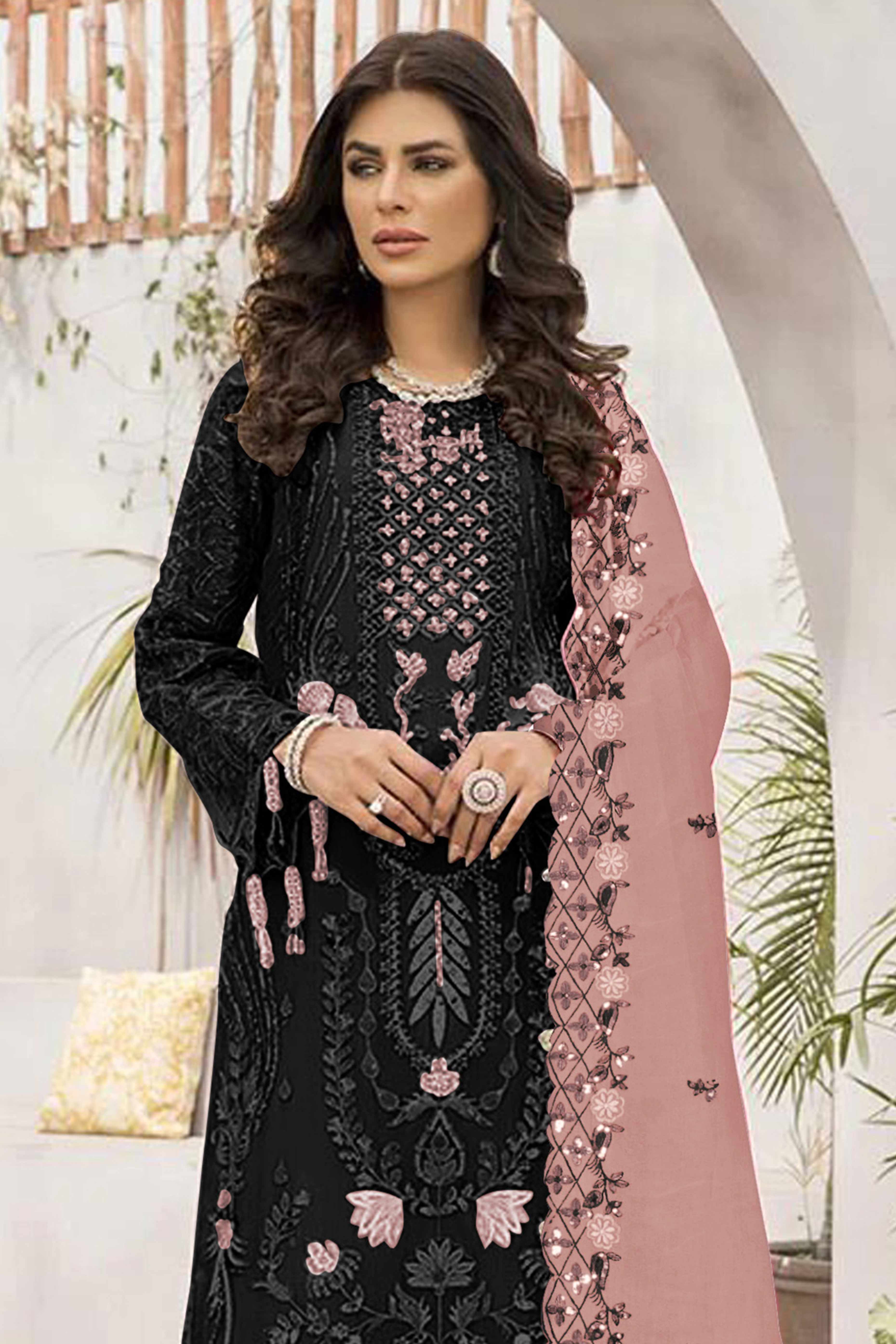 Black Floral Design Dress Material Crafted from Lightweight Georgette Fabric