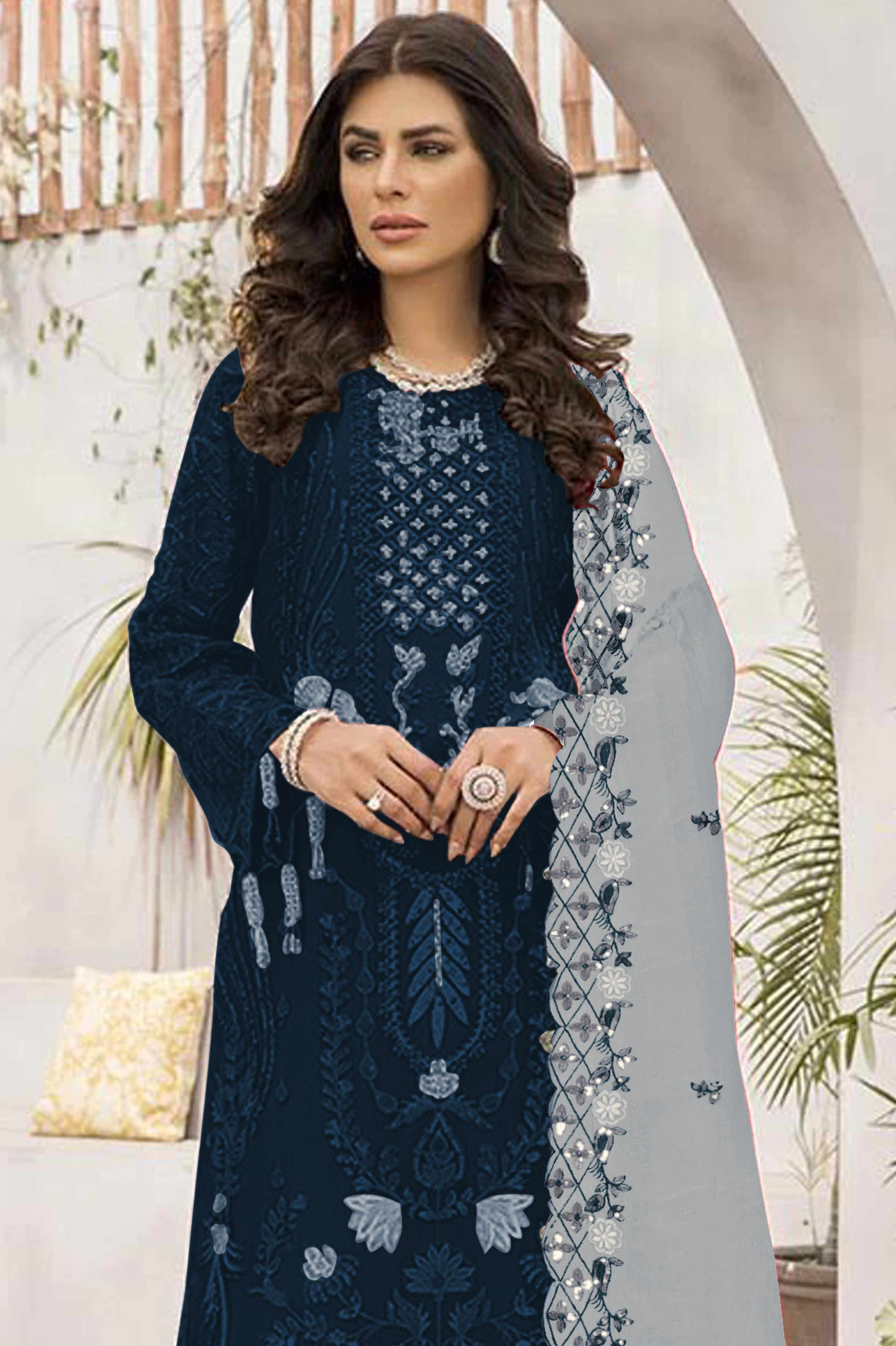 Teal Floral Design Dress Material Crafted from Lightweight Georgette Fabric
