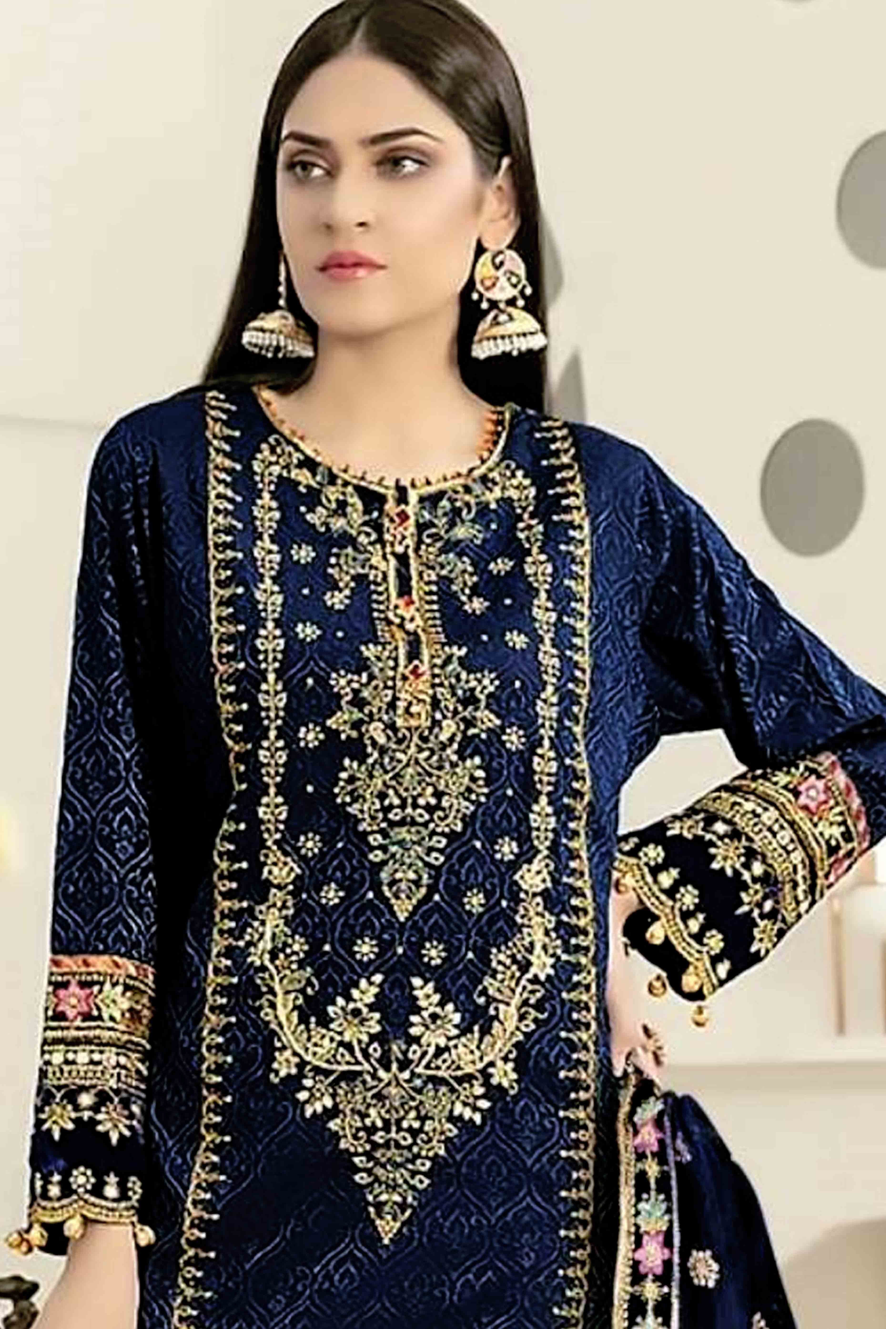 Blue Velvet Dress Material Adorned with Sequins & Thread Embroidery
