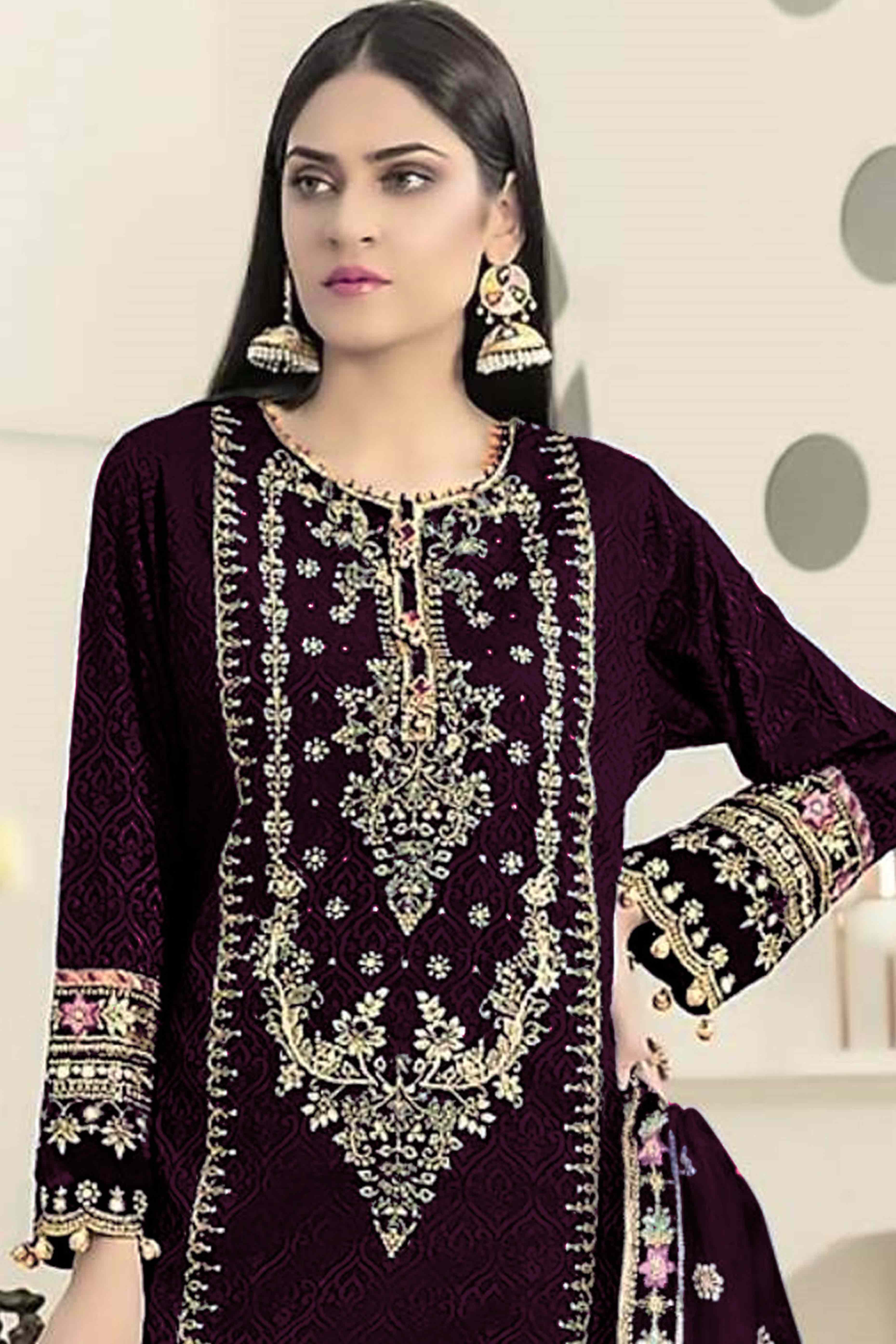 Wine Velvet Dress Material Adorned with Sequins & Thread Embroidery