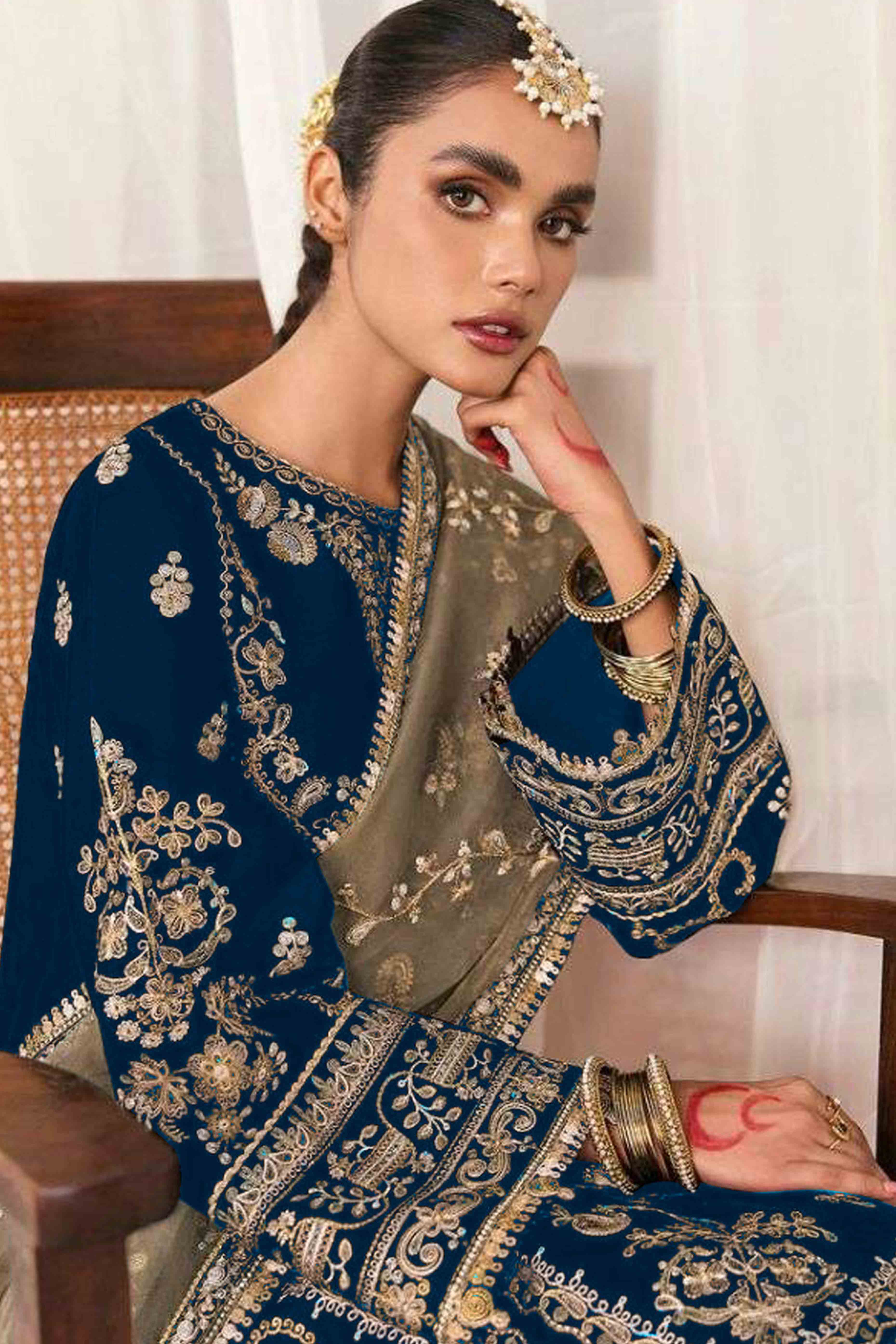 Dark Blue Velvet Dress Material Adorned with Sequins & Thread Embroidery