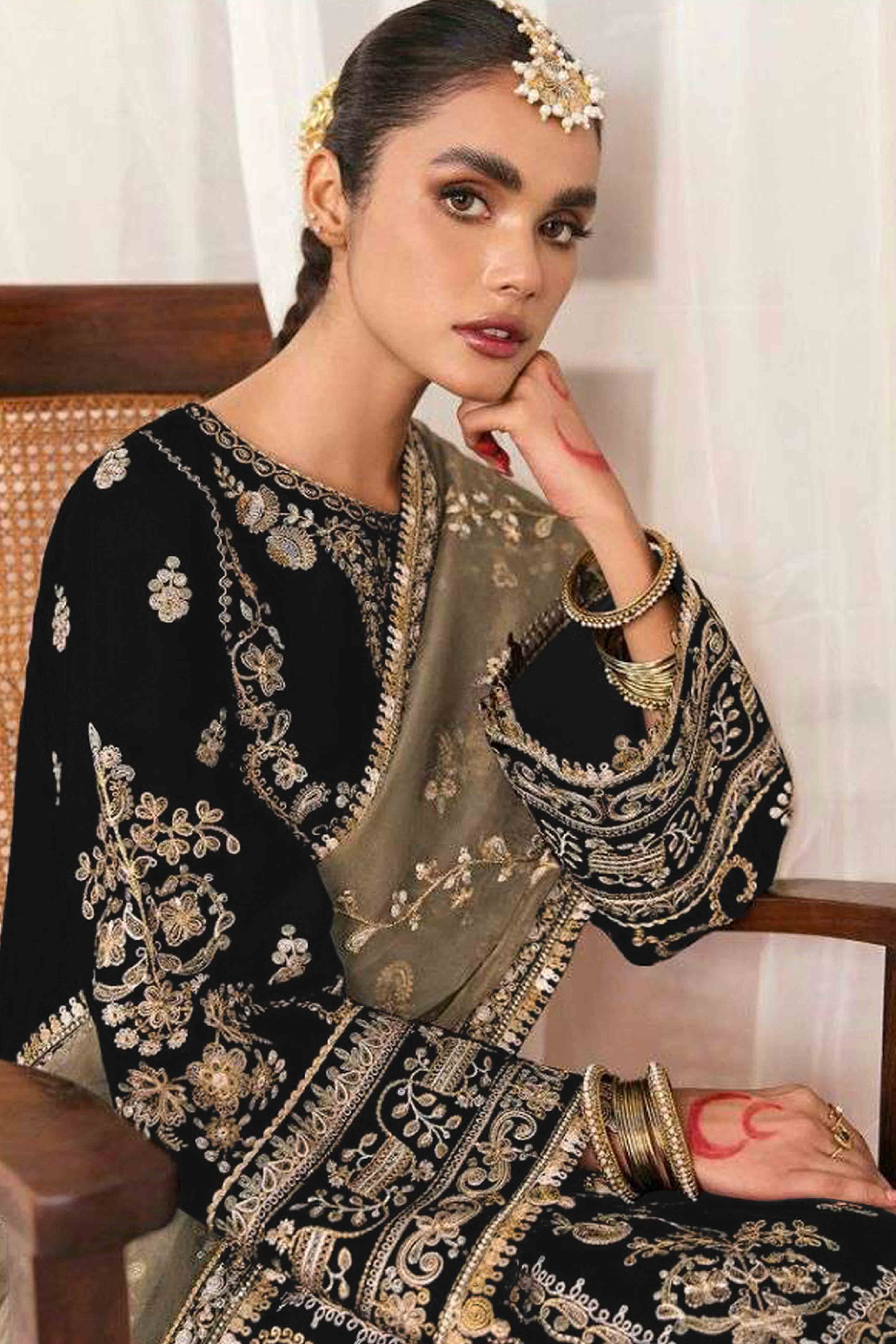 Black Velvet Dress Material Adorned with Sequins & Thread Embroidery