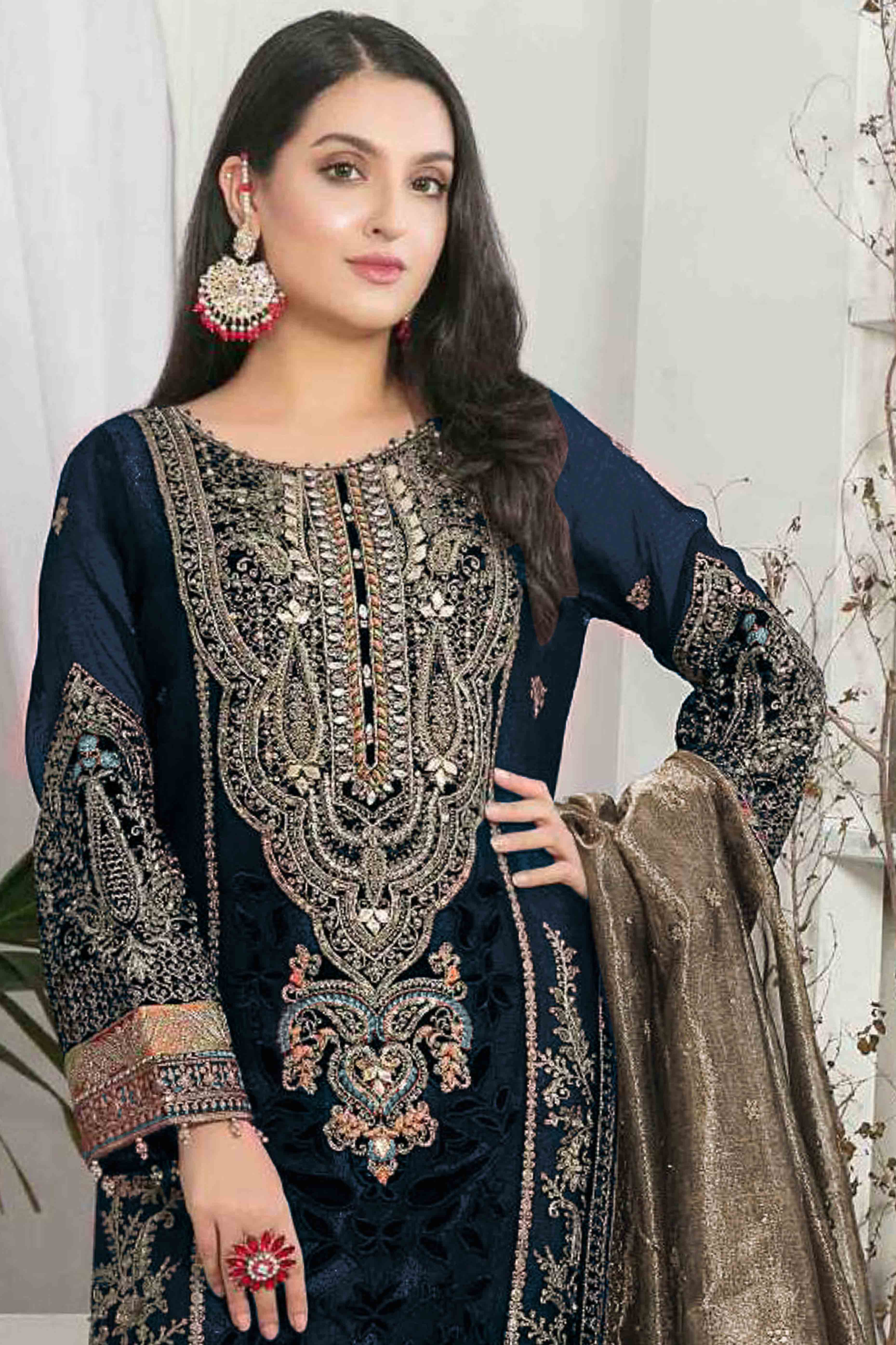 Navy Blue Velvet Dress Material Adorned with Sequins & Thread Embroidery