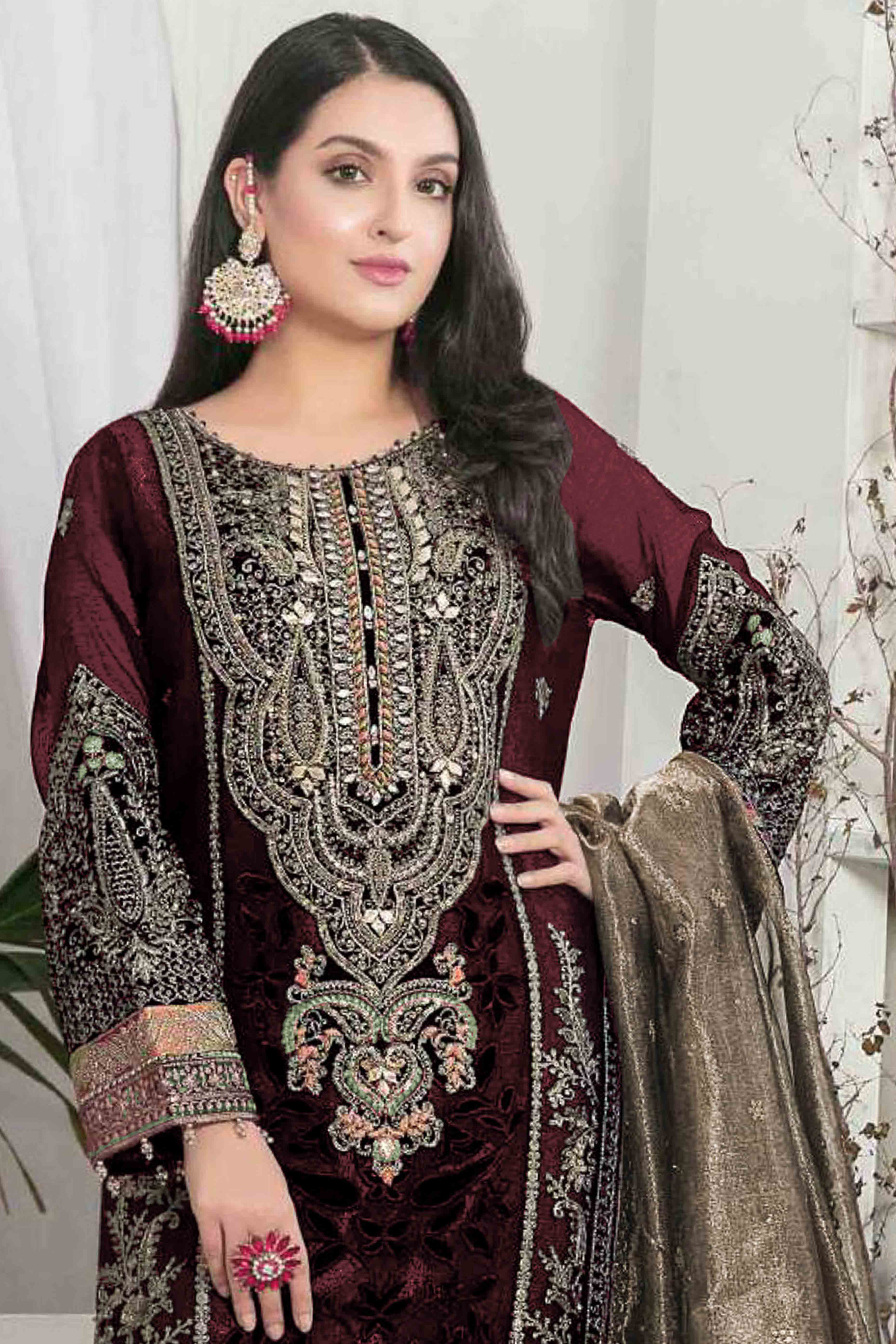 Dark Maroon Velvet Dress Material Adorned with Sequins & Thread Embroidery