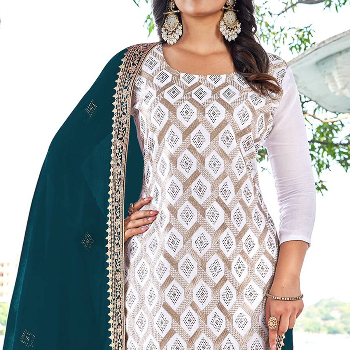 White & Morpich Embroidered With Swarovski Vichitra Silk Dress Material