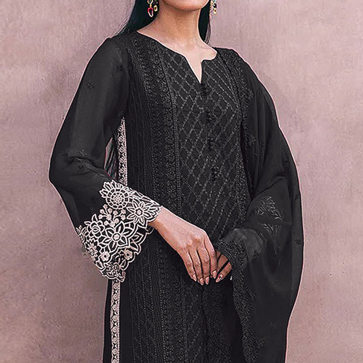 Black Sequins Embroidered Georgette Dress Material