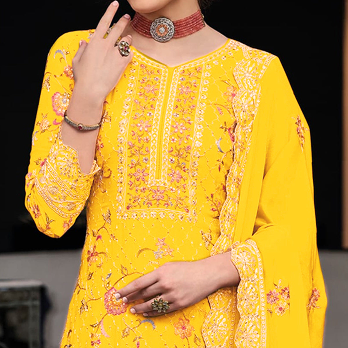 Yellow Floral Embroidered Pure Silk Unstitched Dress Material