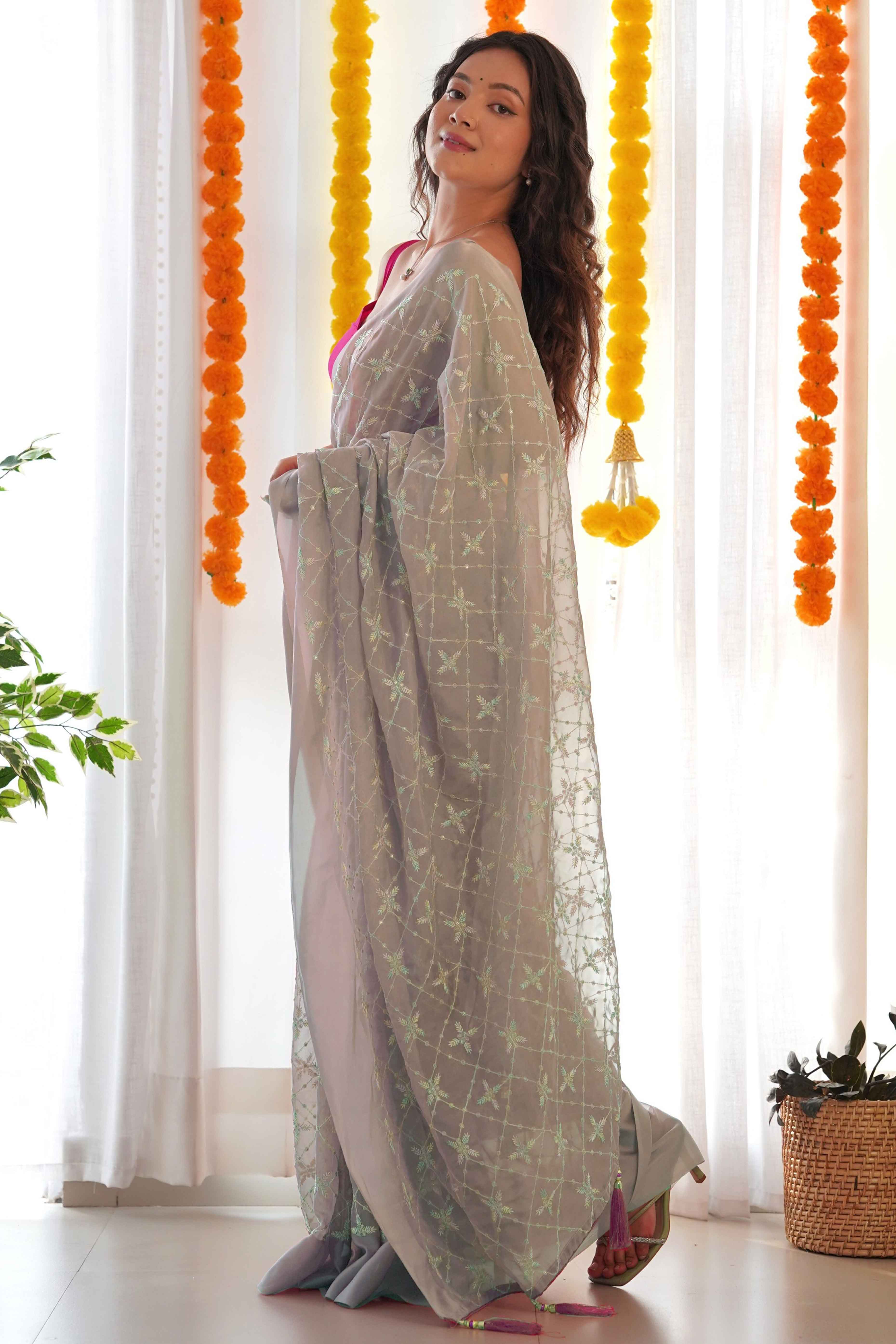 Designer Grey Georgette Saree with Elaborate Heavy Thread Work