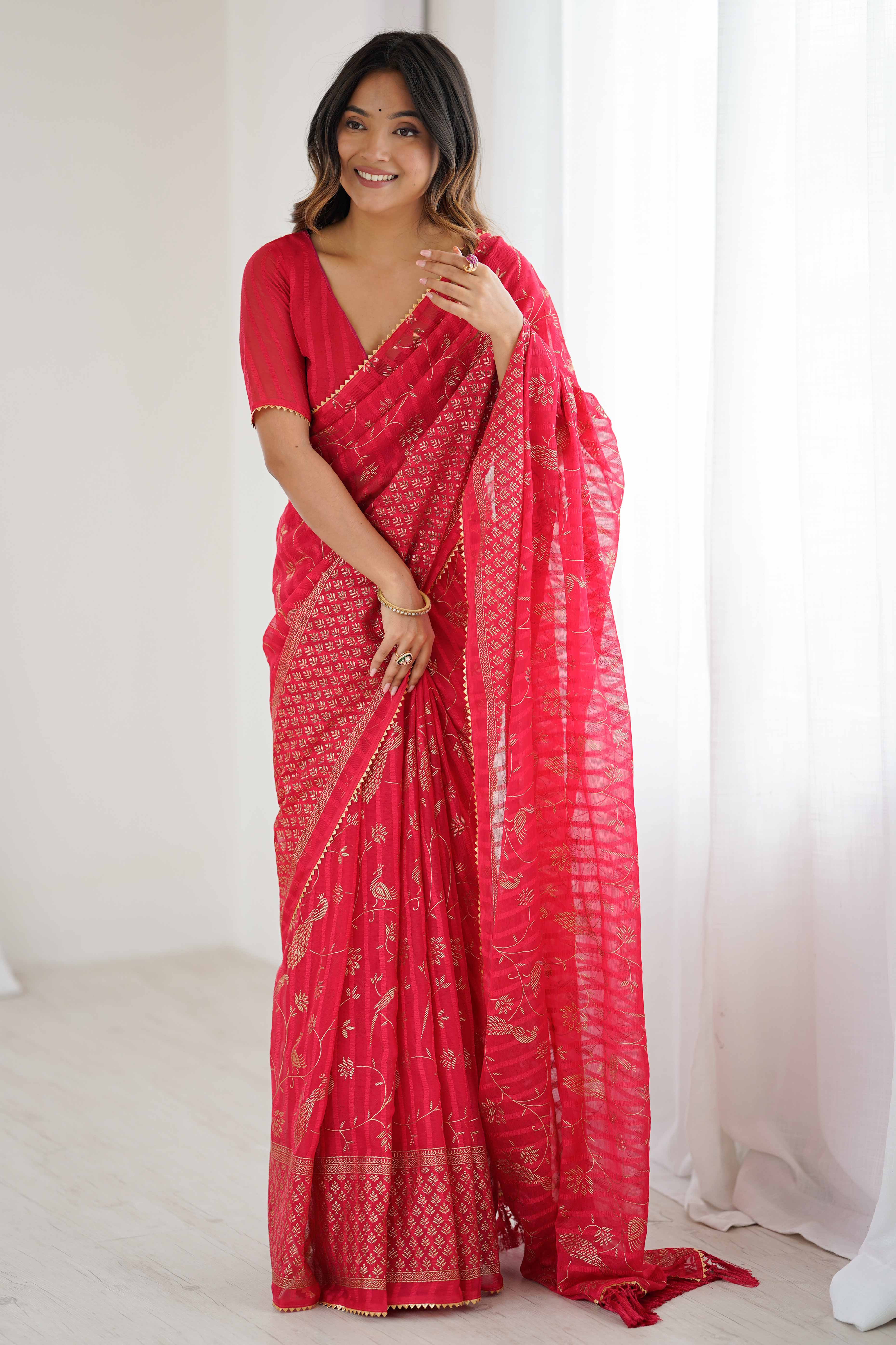 Red Georgette Saree with Shimmering Foil Print & Gota Patti Border