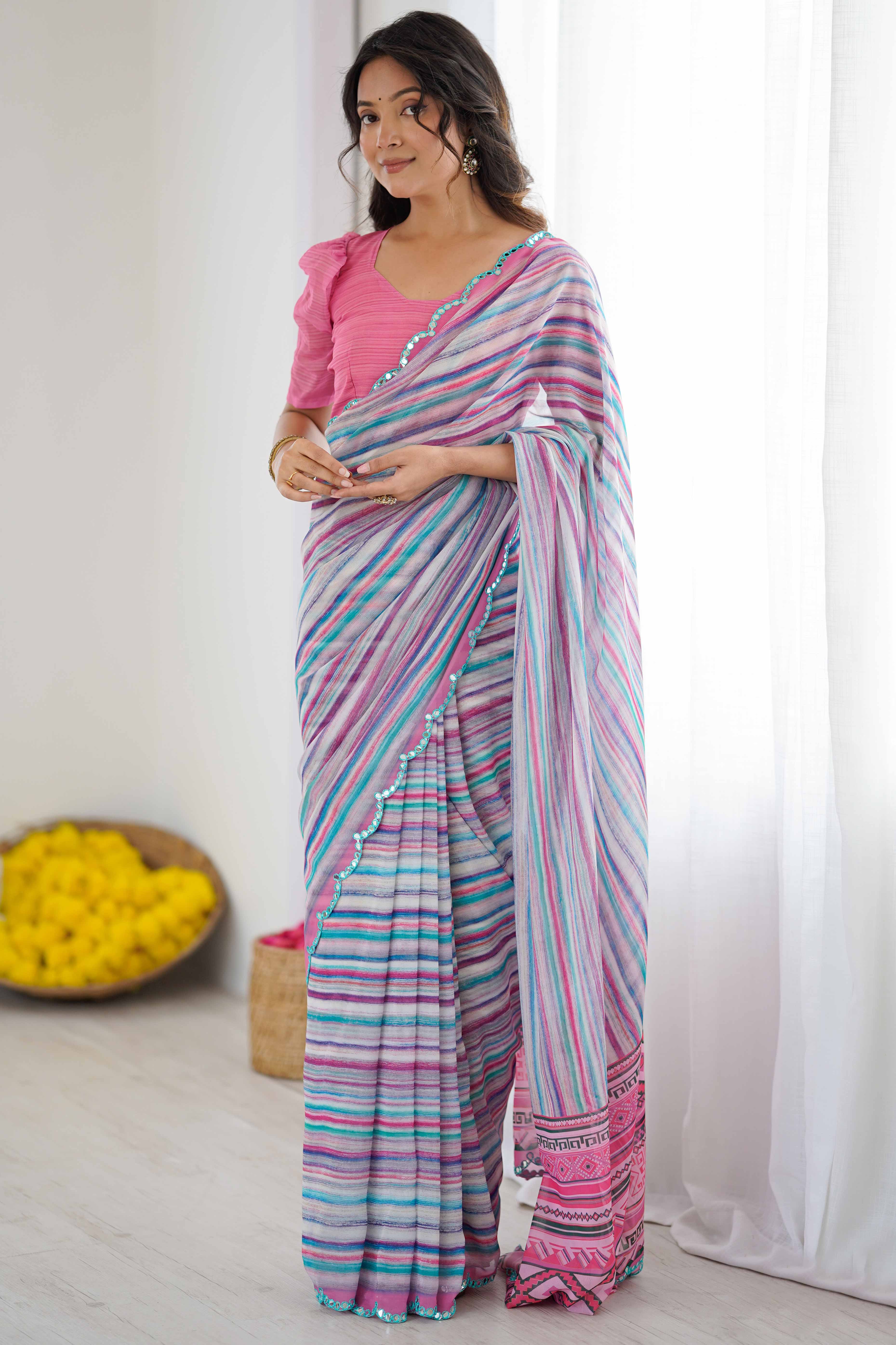 Multicolor Georgette Saree Featuring Digital Print & Mirror Embroidery Border