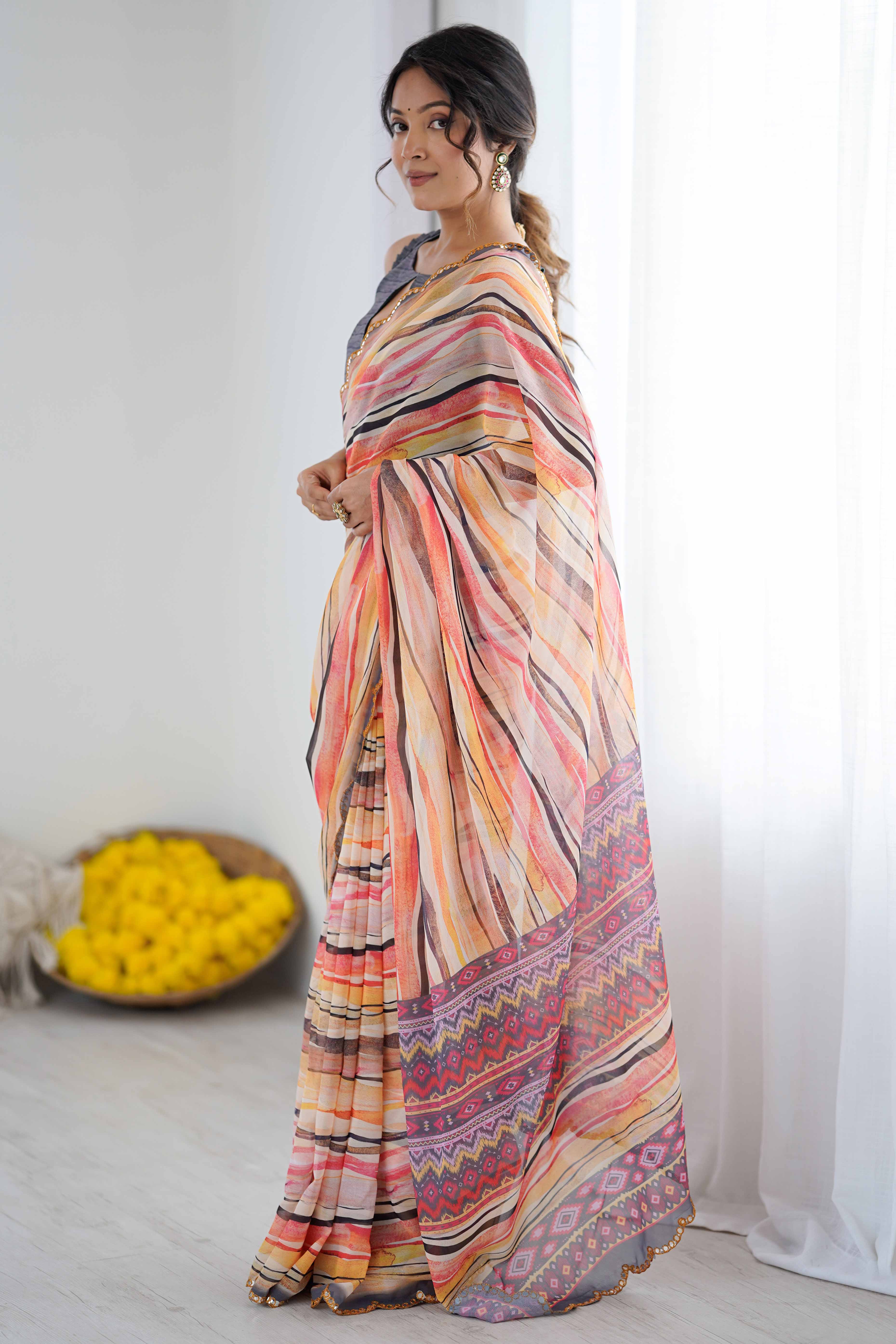 Orange Georgette Saree Featuring Digital Print & Mirror Embroidery Border