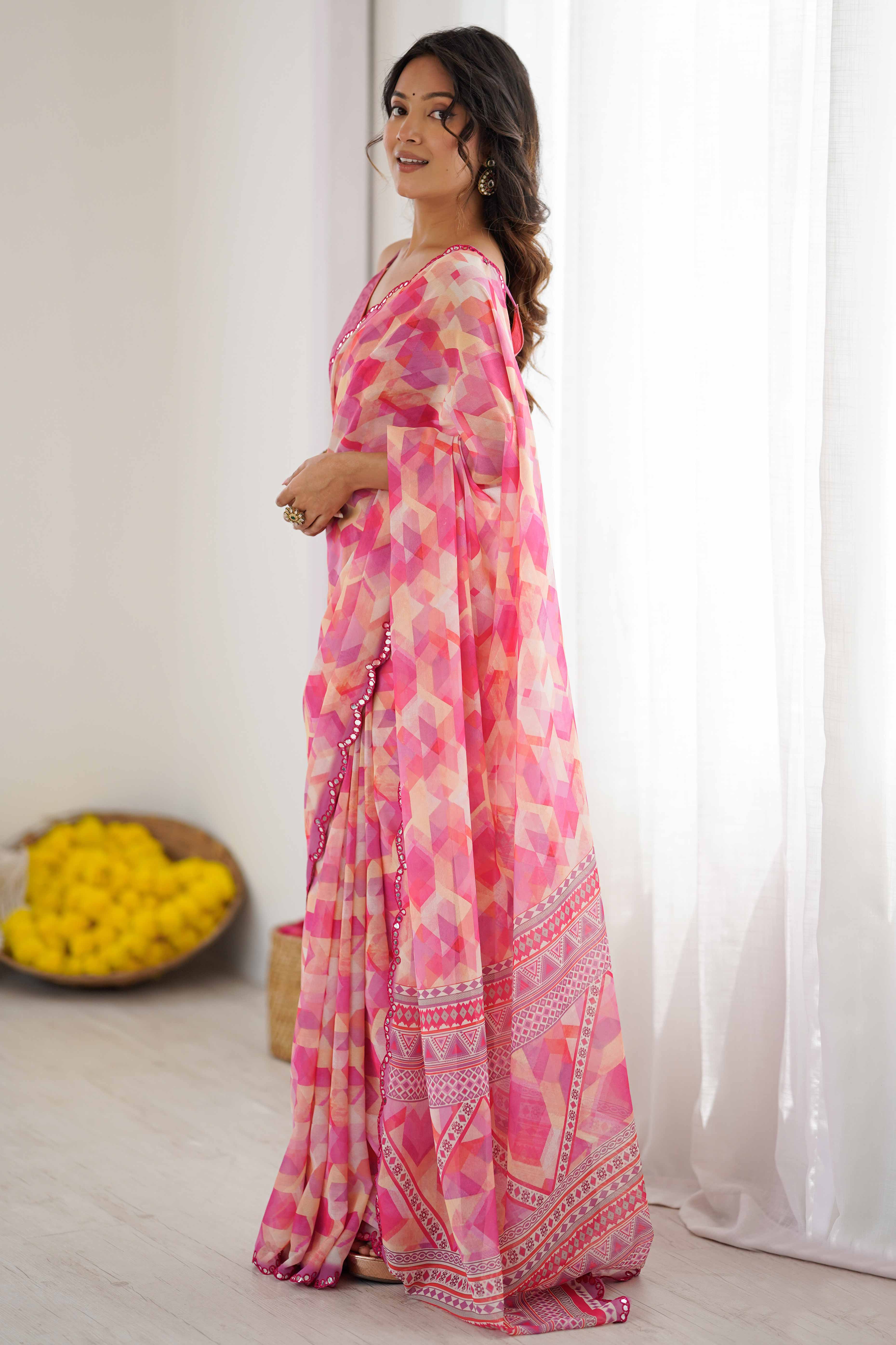 Pink Georgette Saree Featuring Digital Print & Mirror Embroidery Border