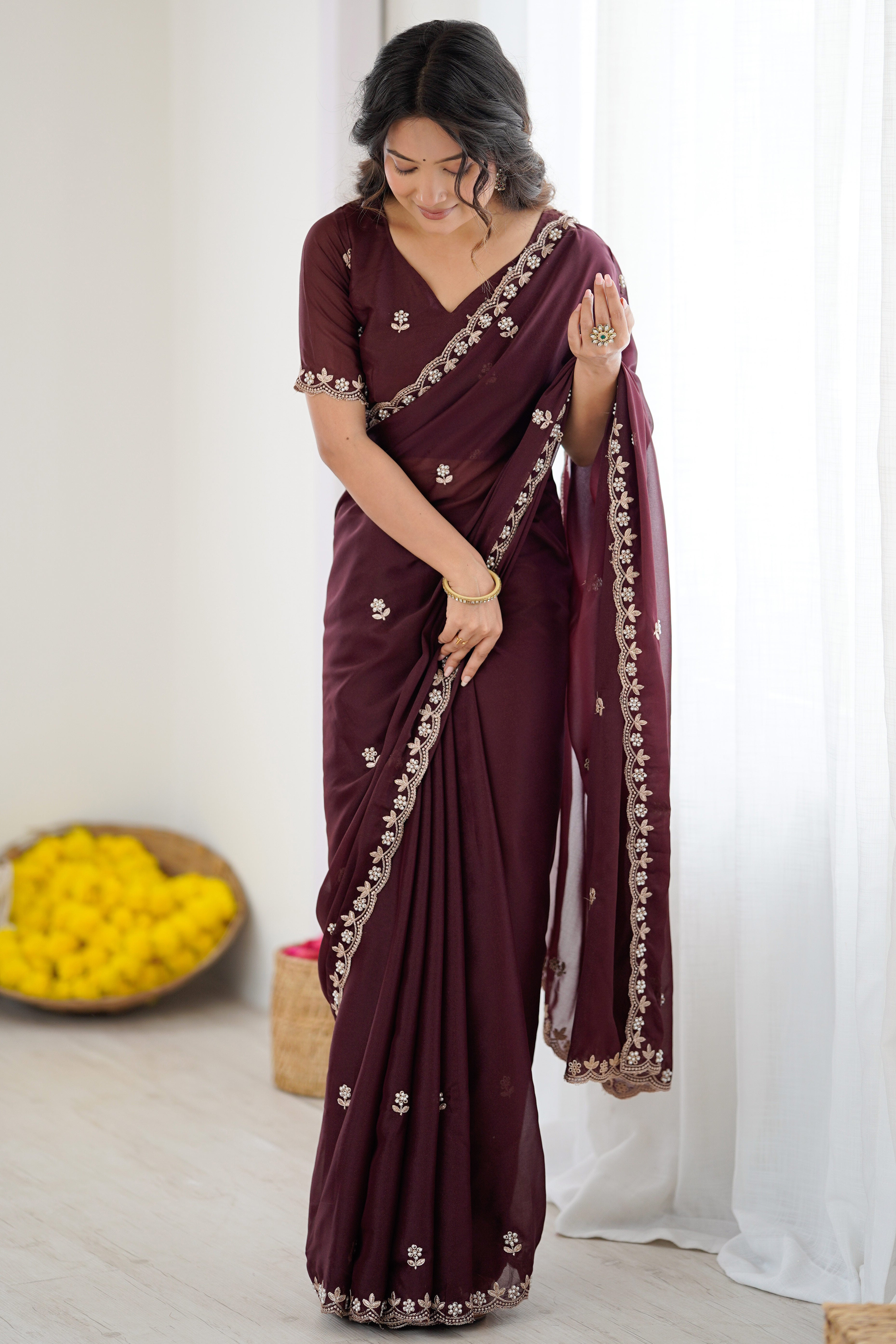Brown Partywear Star Georgette Saree Adorned with Floral Embroidery and Beads Work