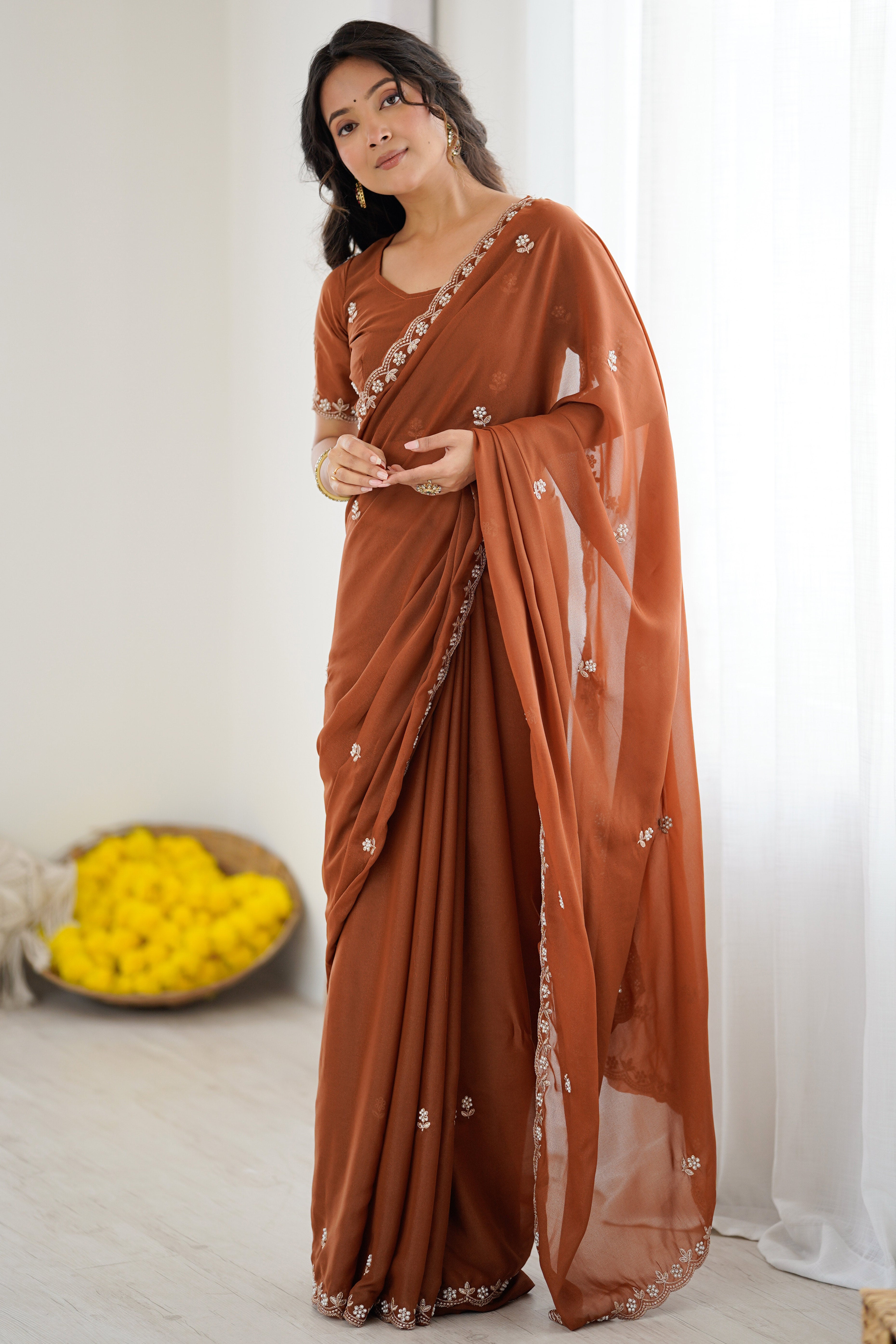 Burgundy Partywear Star Georgette Saree Adorned with Floral Embroidery and Beads Work