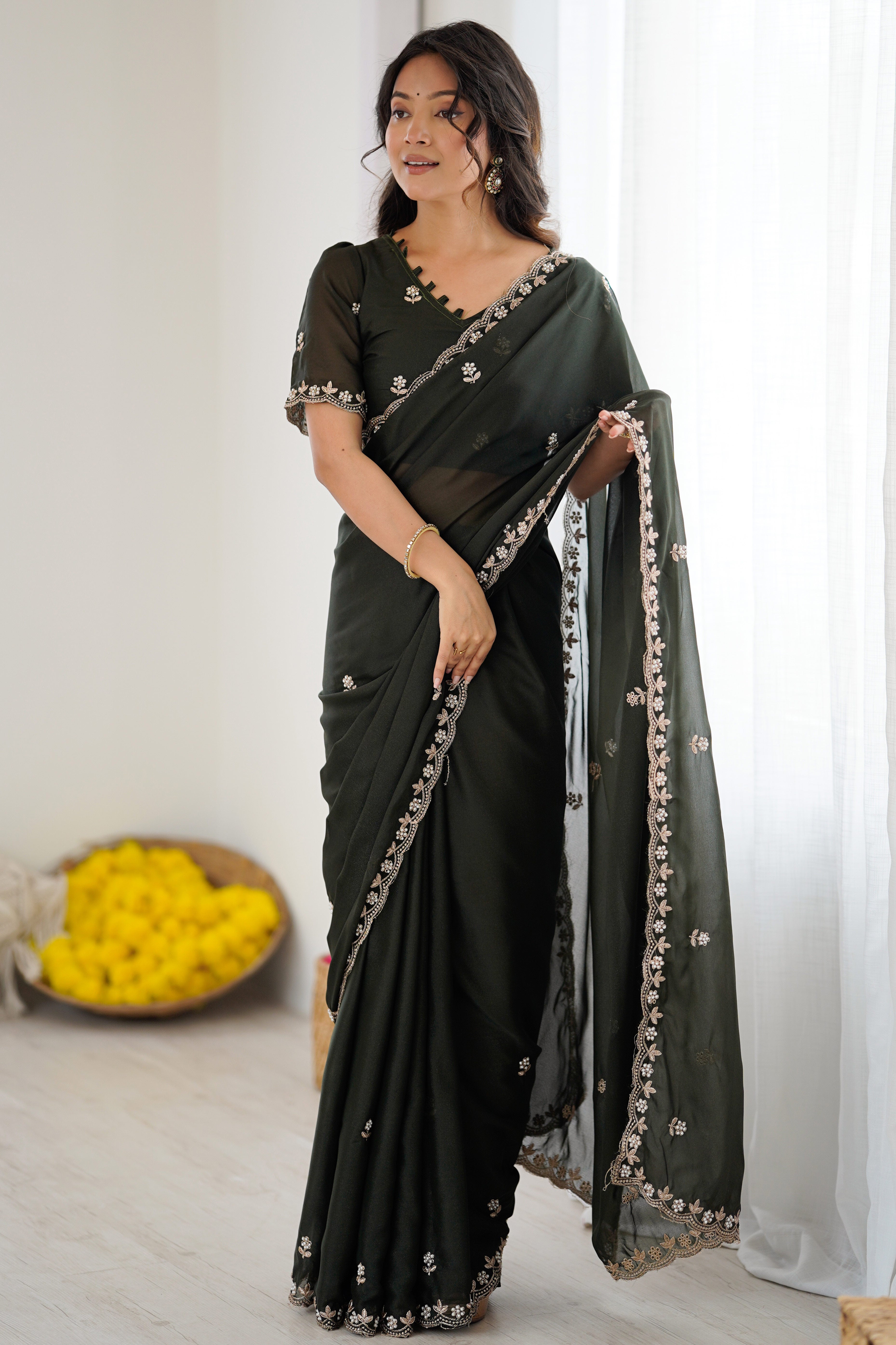 Mehendi Green Partywear Star Georgette Saree Adorned with Floral Embroidery and Beads Work