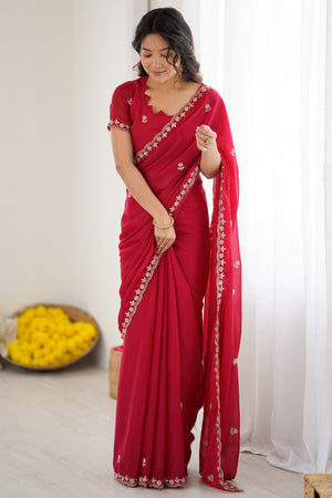 Pink Partywear Star Georgette Saree Adorned with Floral Embroidery and Beads Work