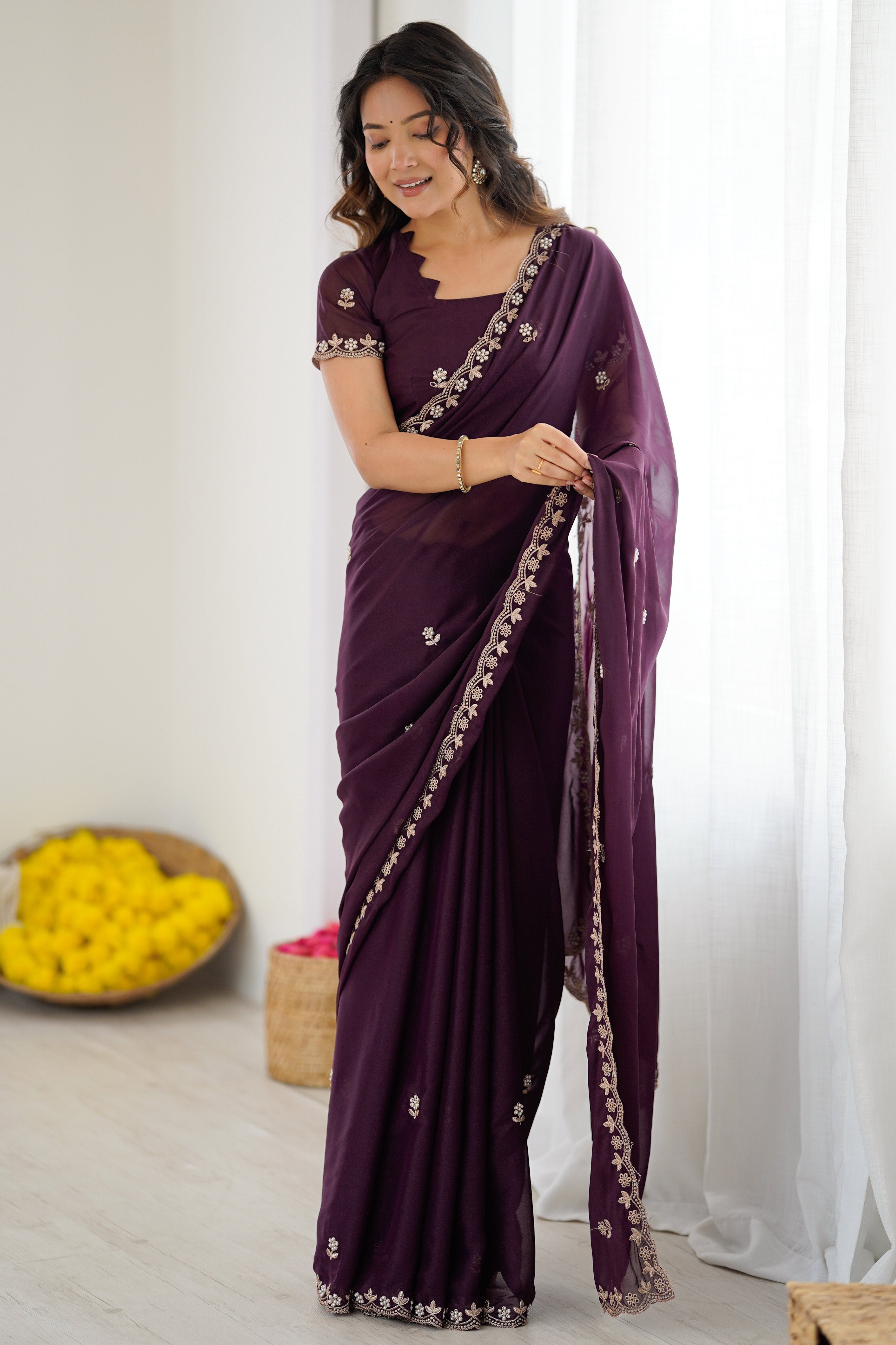 Wine Partywear Star Georgette Saree Adorned with Floral Embroidery and Beads Work