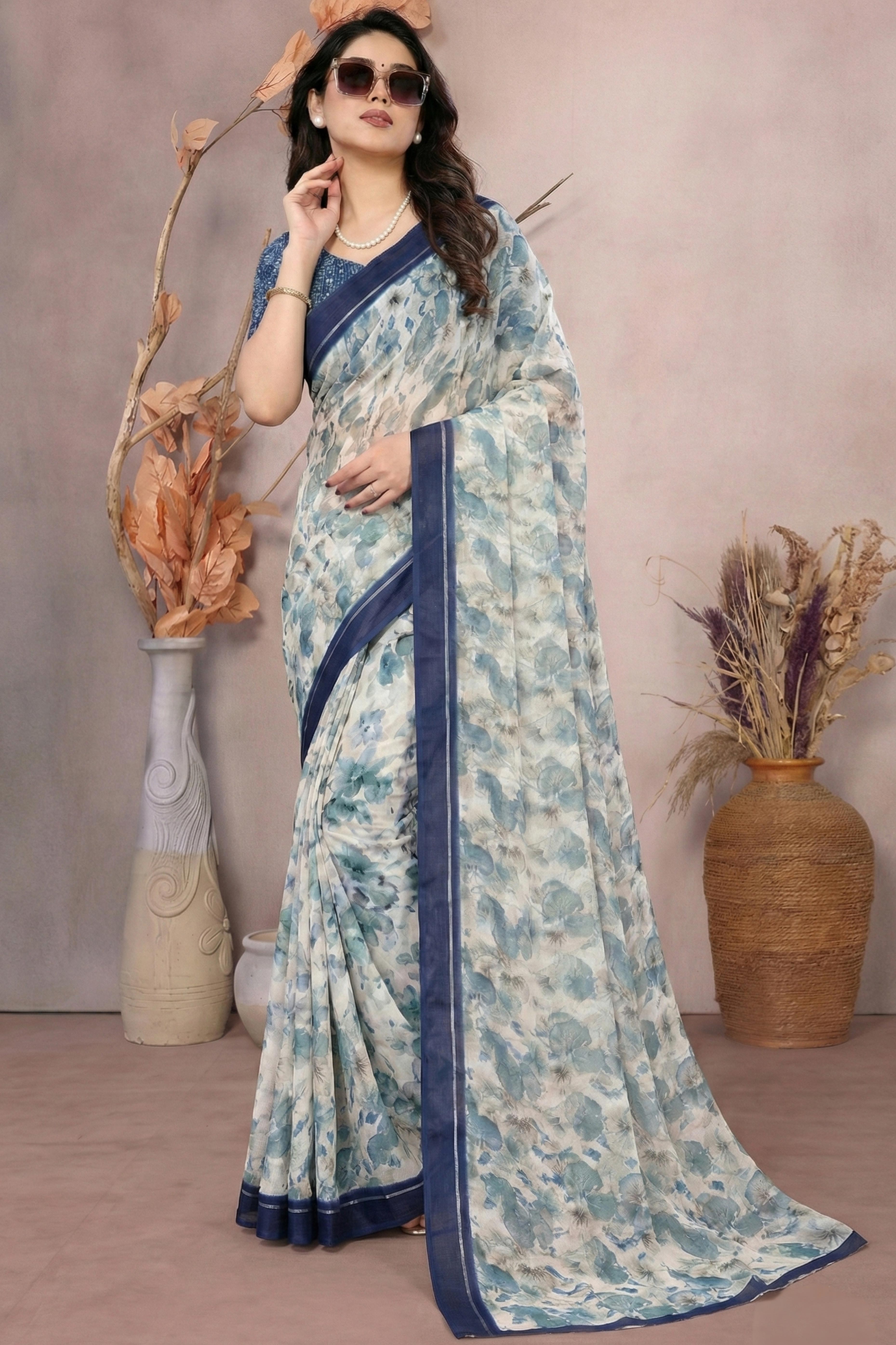 Timeless Blue Leaf Printed Moss Saree With A Sophisticated Satin Patta Border